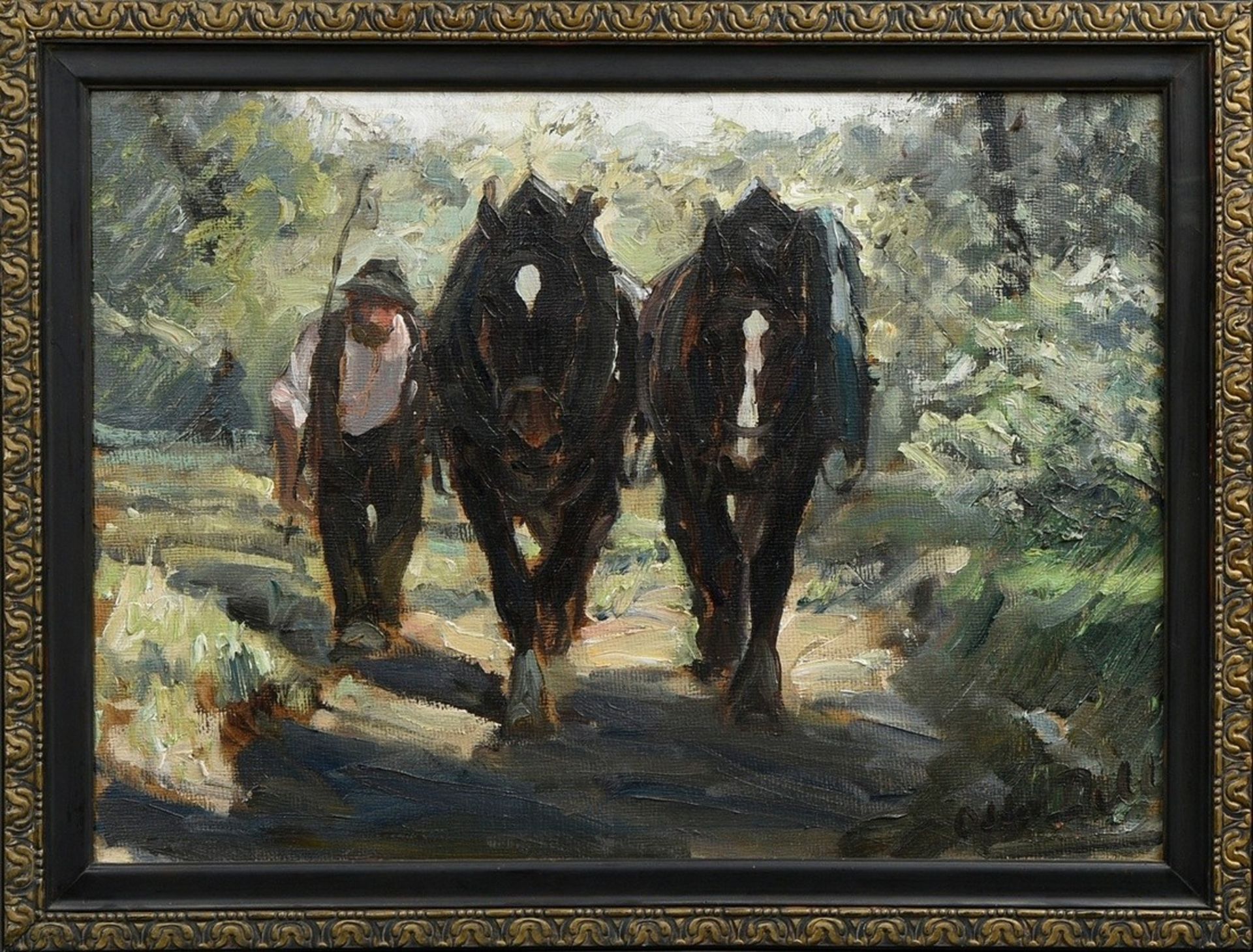 Dill, Otto (1884-1957) "Farmer with Horses" 1915, oil/cardboard, sign. lower right, on the back sid - Image 2 of 5