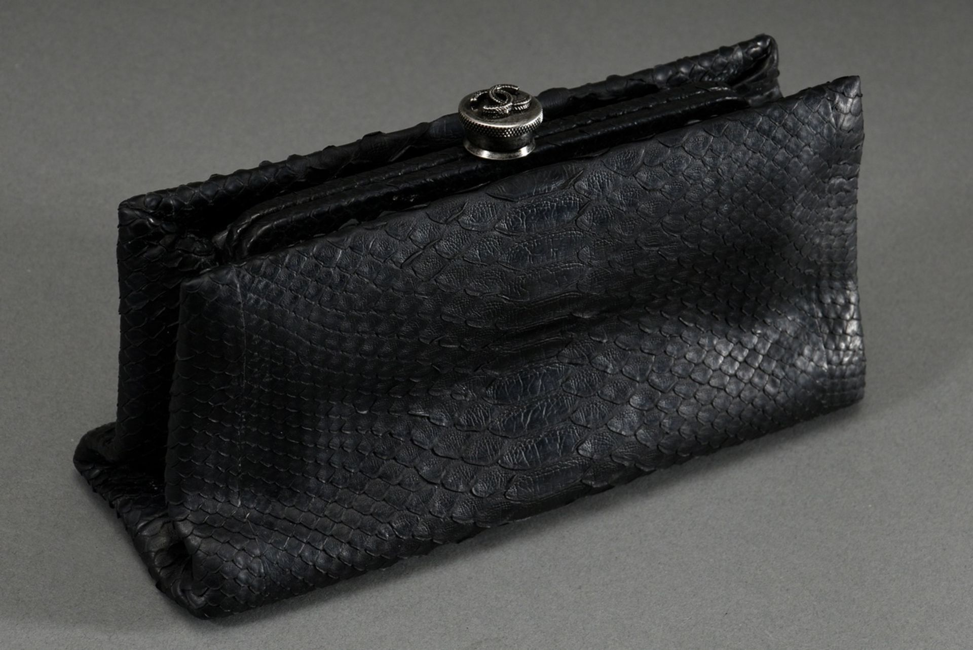 Chanel clutch in black python leather with silver metal logo clasp, black silk lining, Collection 2 - Image 3 of 5