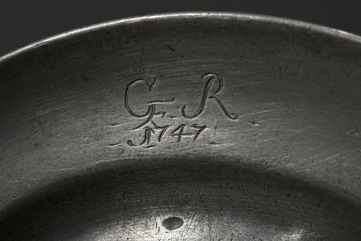 3 Various small pewter plates with engraved date "1747" and different monograms "C.F.R"/"A.R.B" and - Image 5 of 11