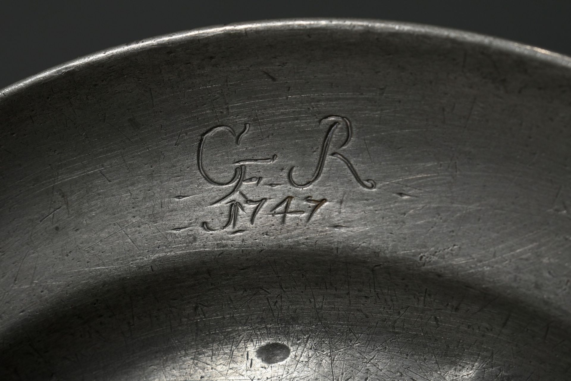 3 Various small pewter plates with engraved date "1747" and different monograms "C.F.R"/"A.R.B" and - Image 5 of 11