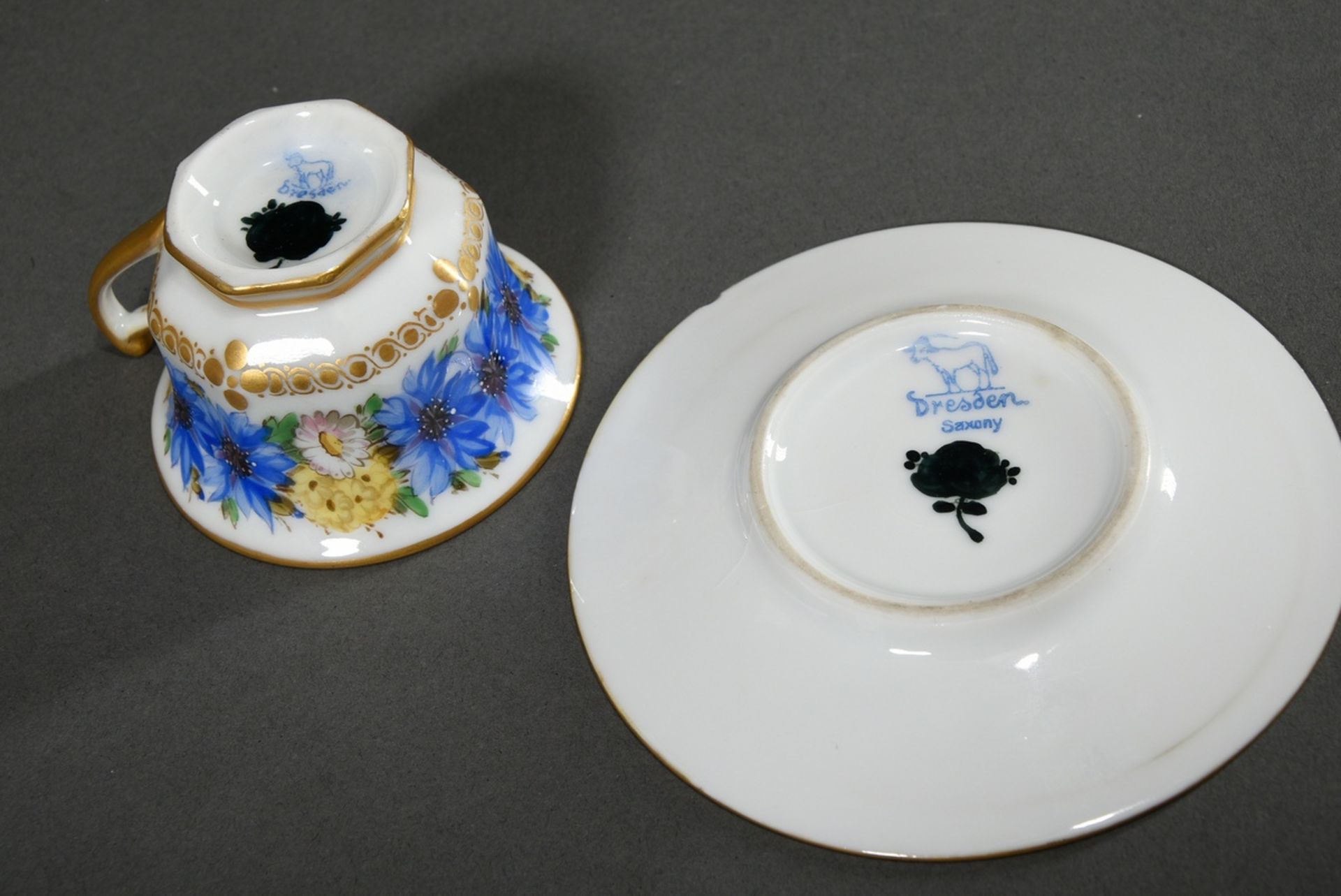 Splendid mocha cup/saucer with polychrome painting "cornflowers" and gold decoration, Ambrosius Lam - Image 4 of 5