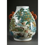 Große bauchige Balustervase mit polychromer Bemalung "Hundert Hirsche in Landschaft mit Kiefern", H