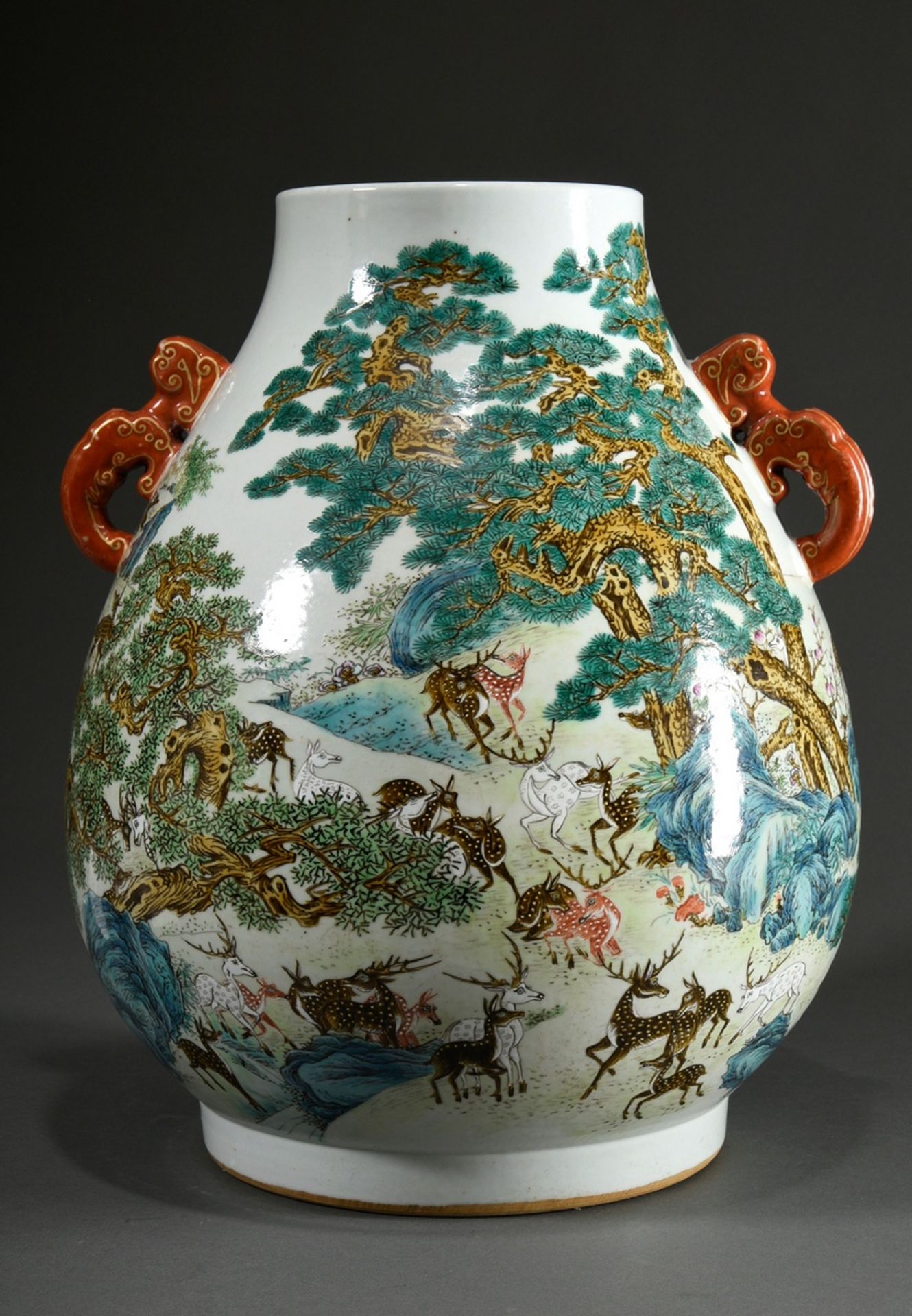 Große bauchige Balustervase mit polychromer Bemalung "Hundert Hirsche in Landschaft mit Kiefern", H