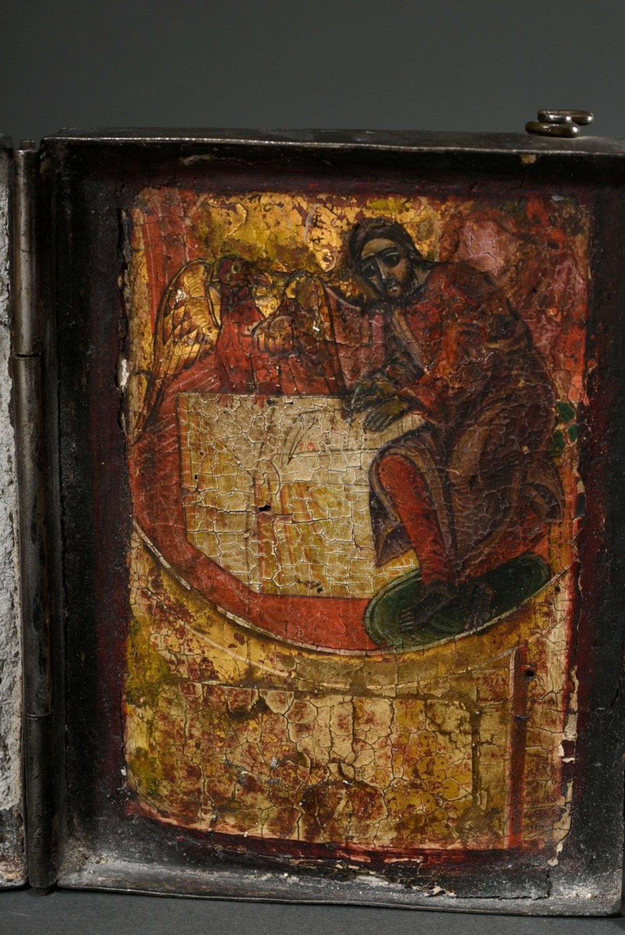 Reise Ikonen Triptychon "Evangelist Johannes mit vier Heiligen", Eitempera über Kreidegrund auf Hol - Bild 3 aus 6