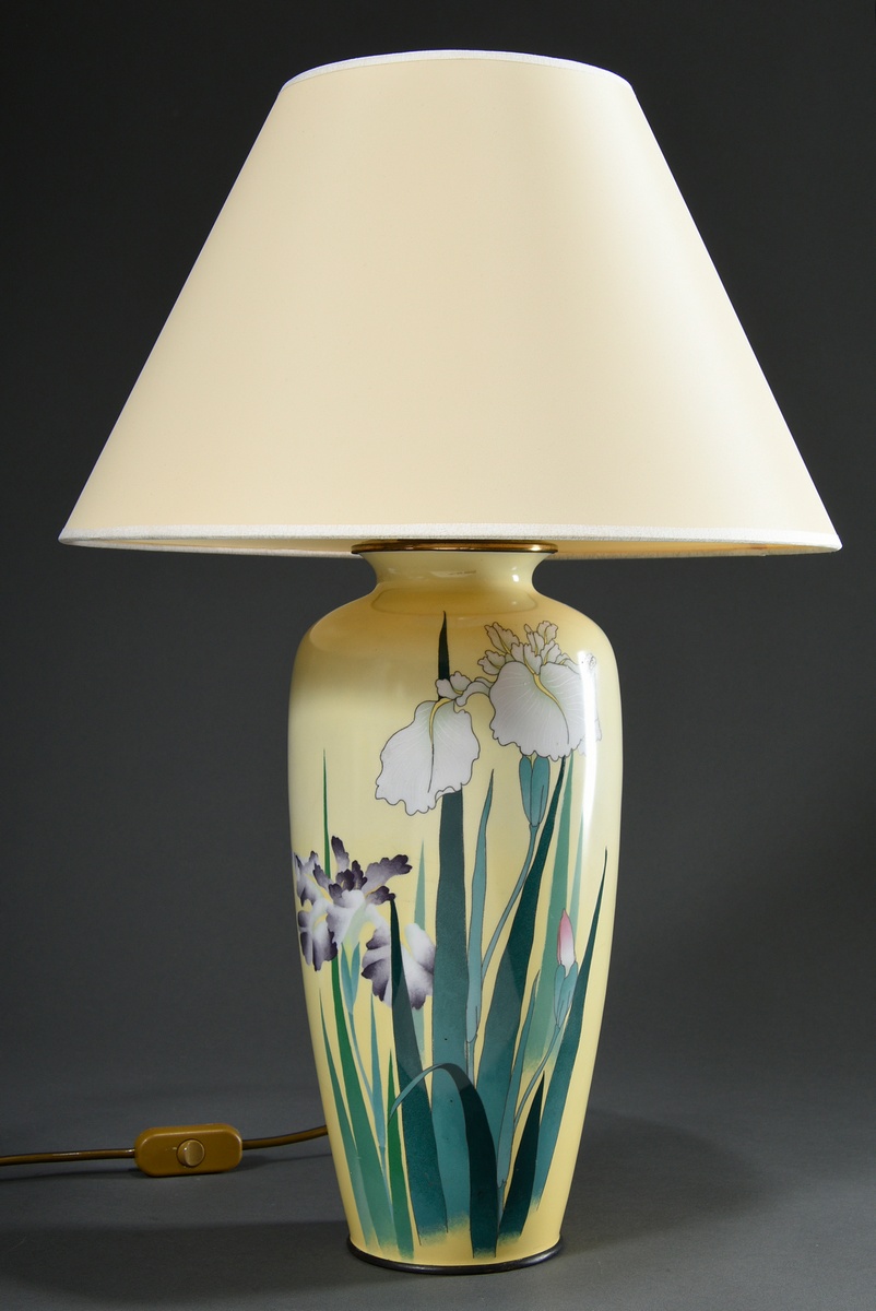 Cloisonné vase "white, blue and pink iris on a yellow background" mounted as a lamp, Ando Jubei cir