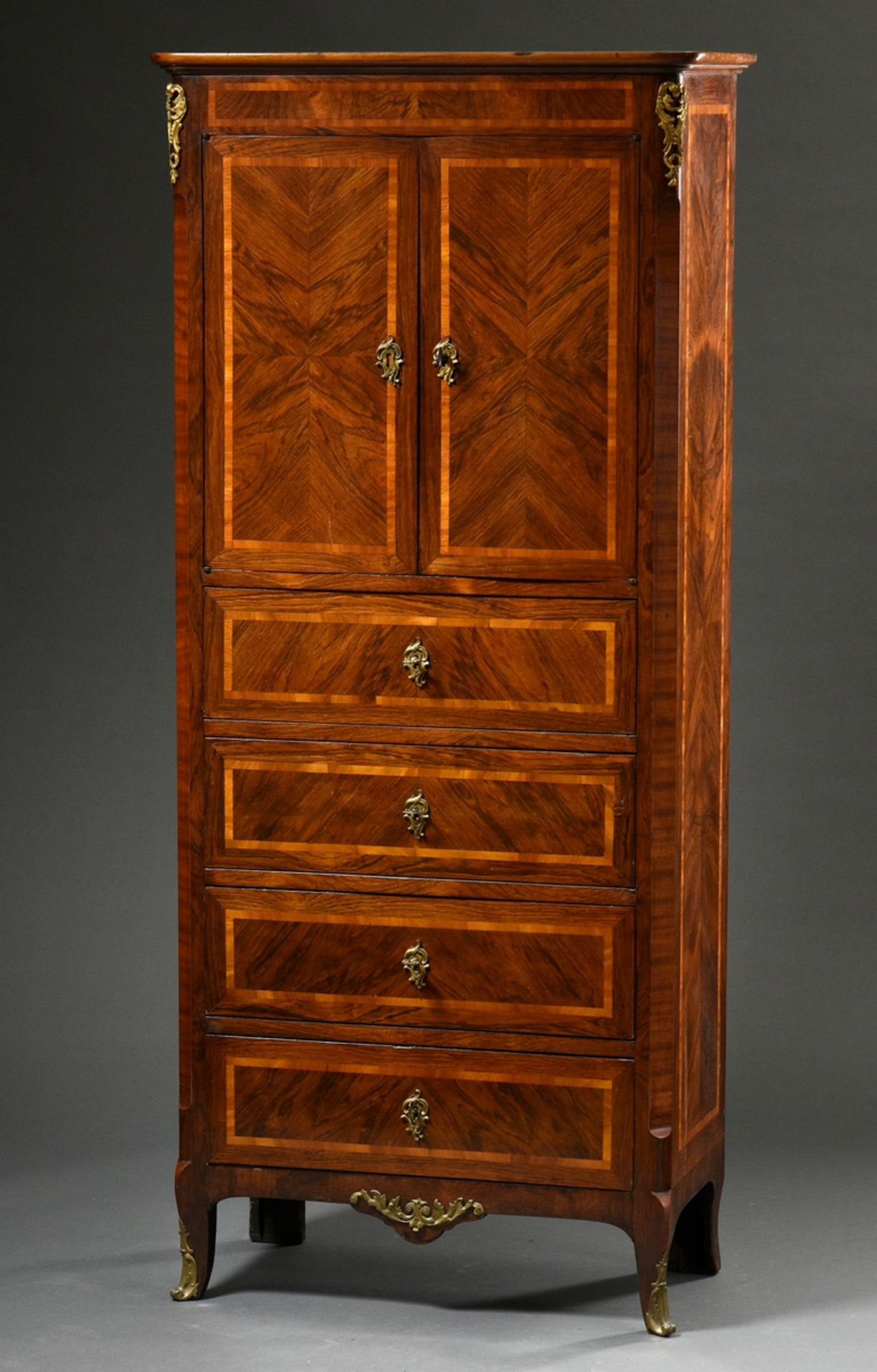 Small cabinet with double doors over 4 drawers, walnut and fruitwood veneer with gilt bronze fittin - Image 2 of 7