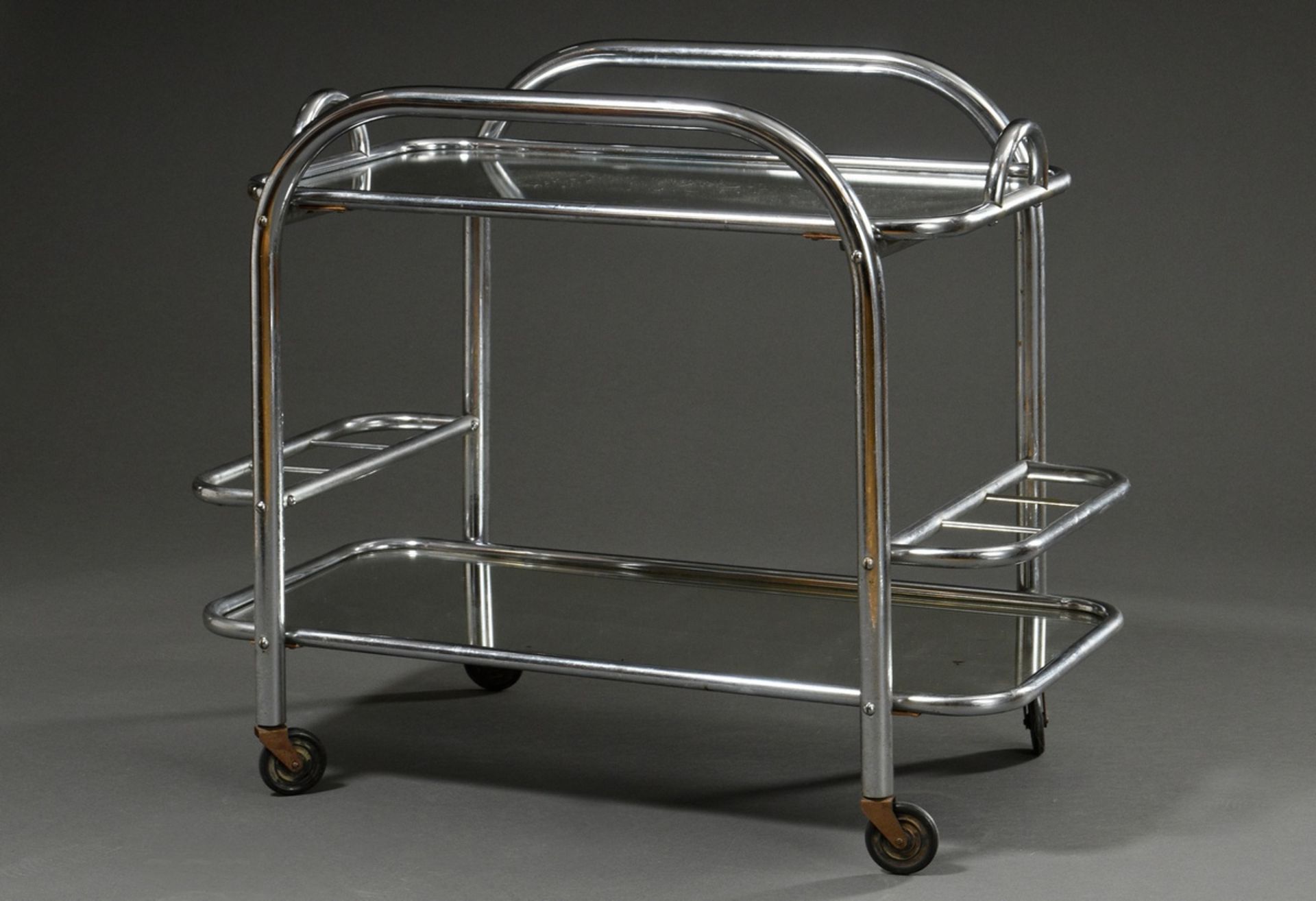 Art Deco bar trolley with removable tray and bottle compartments, tubular steel with mirrored surfa