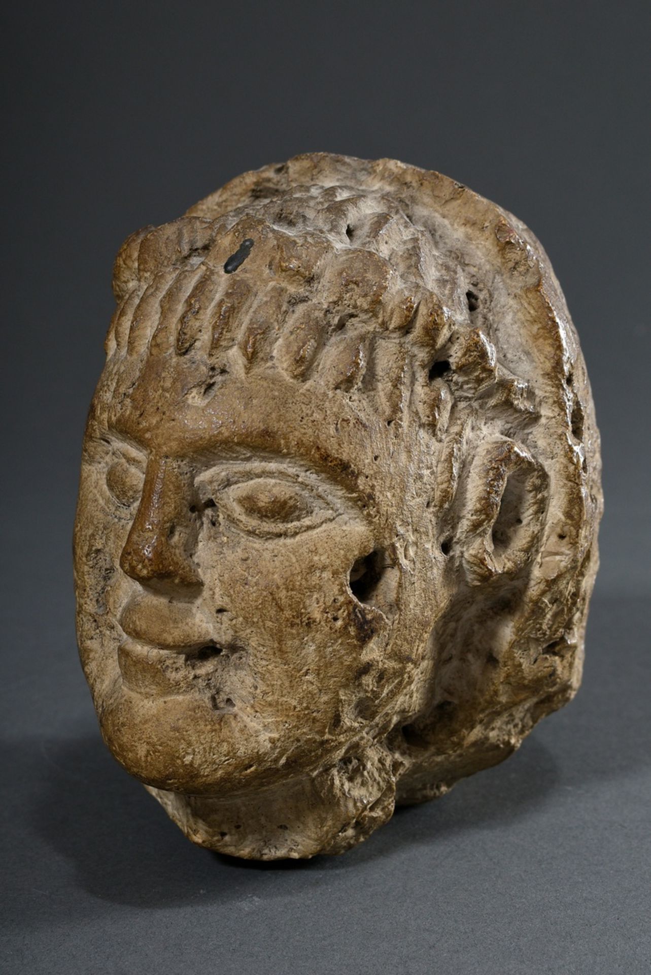 Limestone fragment "Head of a man with wig", reworked on the back, probably from half relief, h. 14 - Image 3 of 6