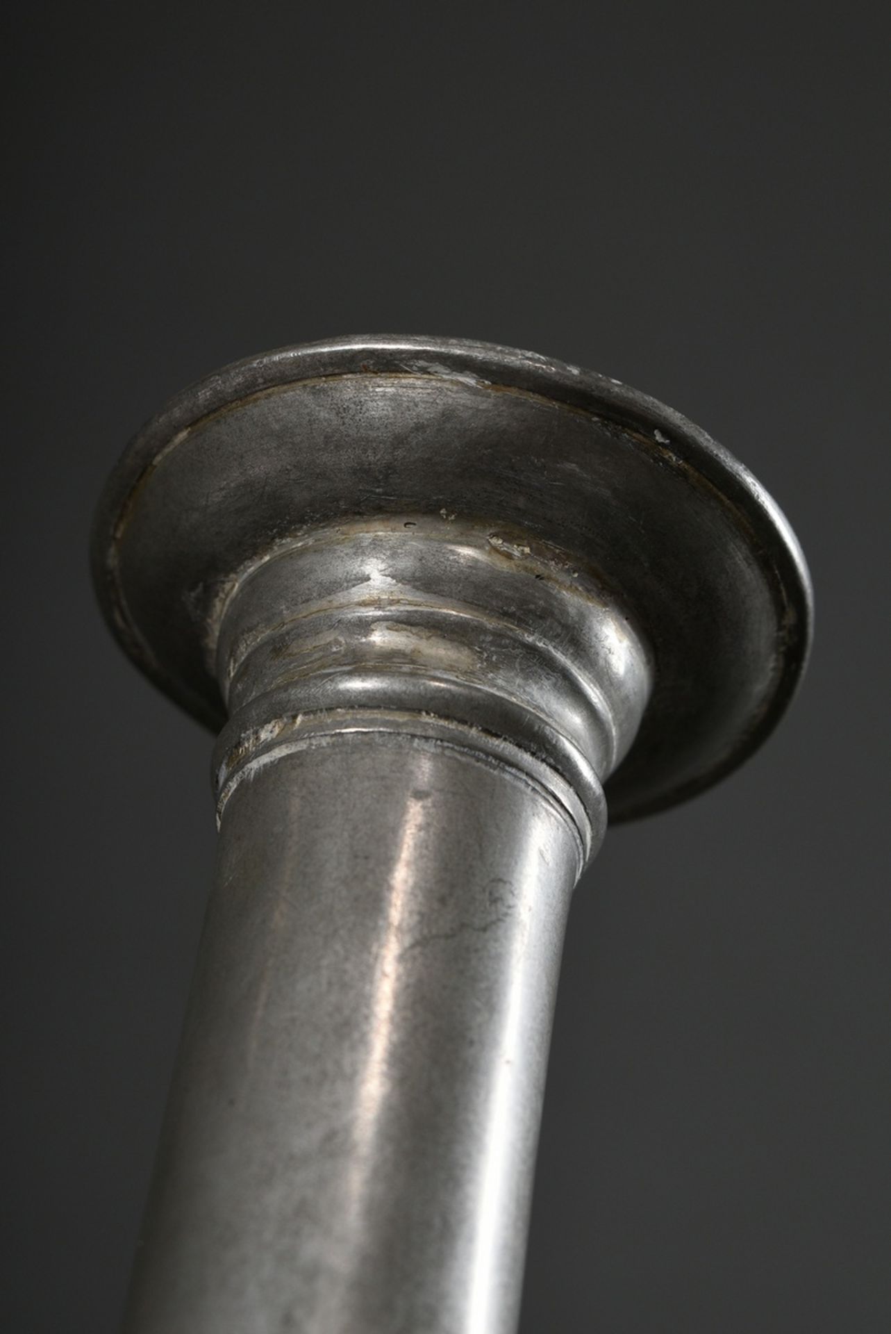 Pair of North German pewter candlesticks in column form on angular base with pearl frieze and engra - Image 2 of 6