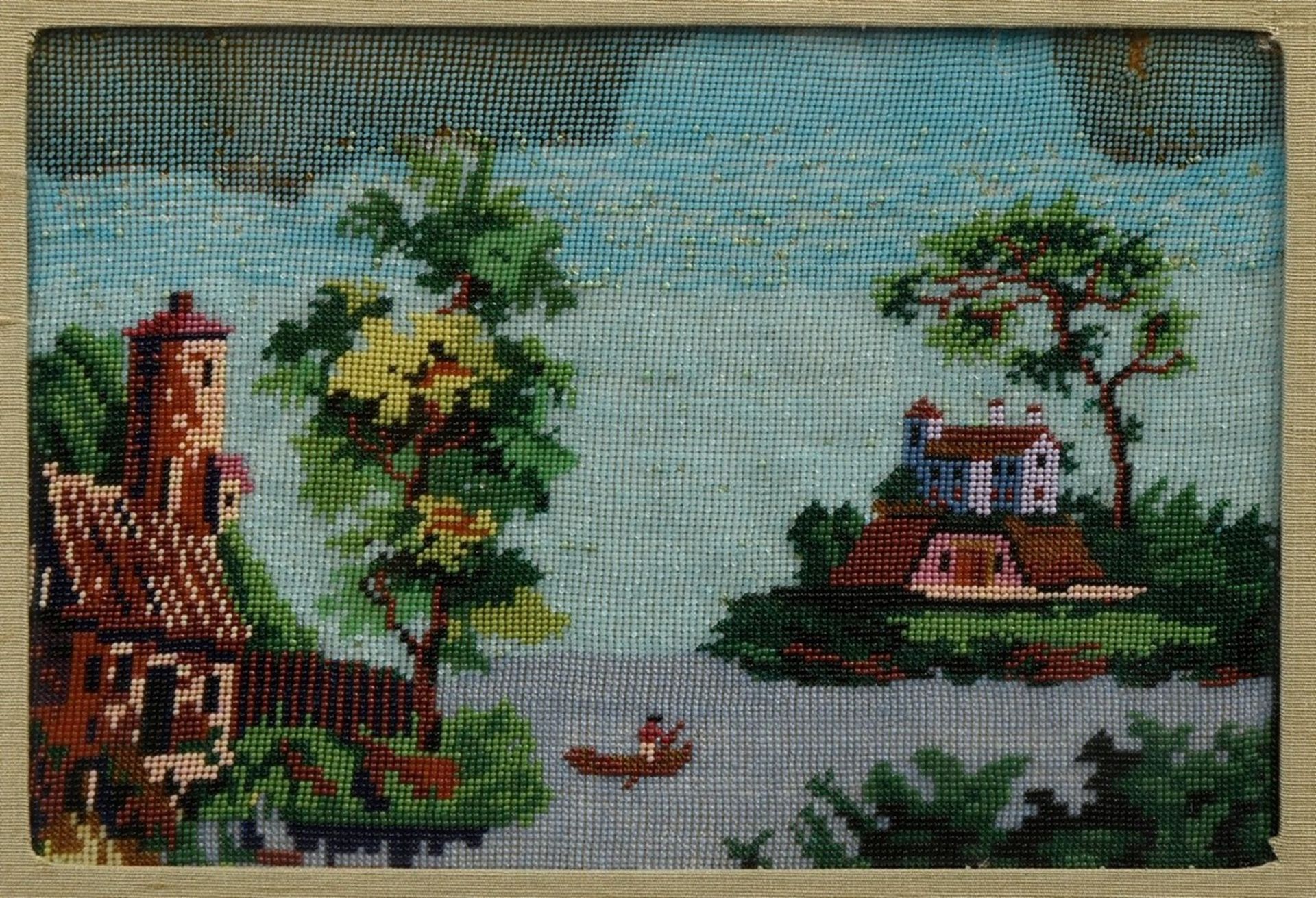 2 Fine pearl embroidery pictures "Hunting dog pack under tree" and "Seascape with buildings", proba - Image 3 of 5
