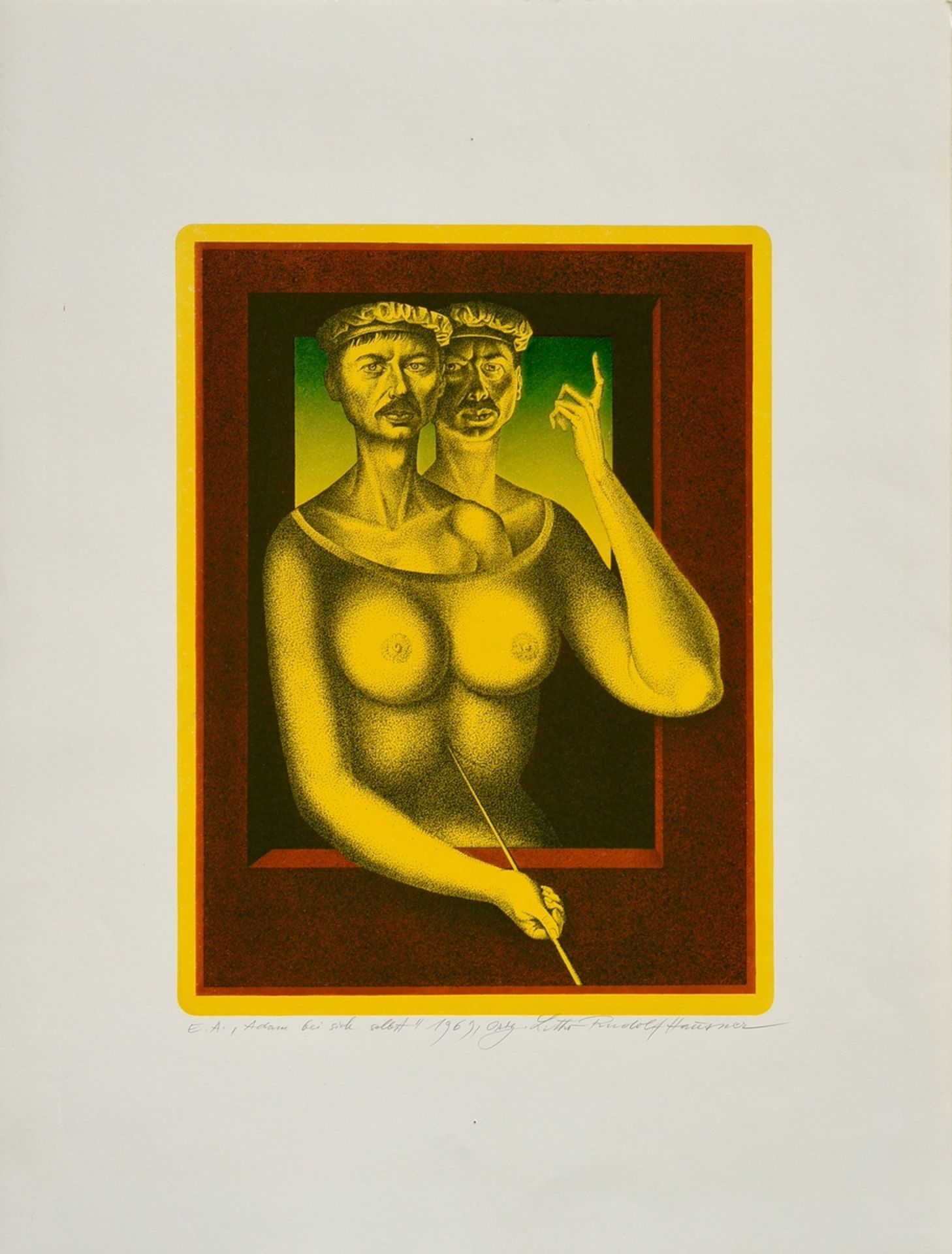 Hausner, Rudolf (1914-1995) "Adam bei sich selbst" 1969, Farblithographie, e.a., u. sign./dat./beti - Bild 2 aus 3