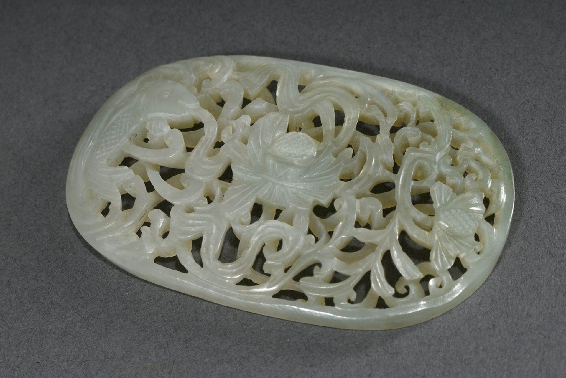Elliptical celadonjade badge in Ming style "Carp in lotus pond" in very fine carving on two levels, - Image 3 of 7