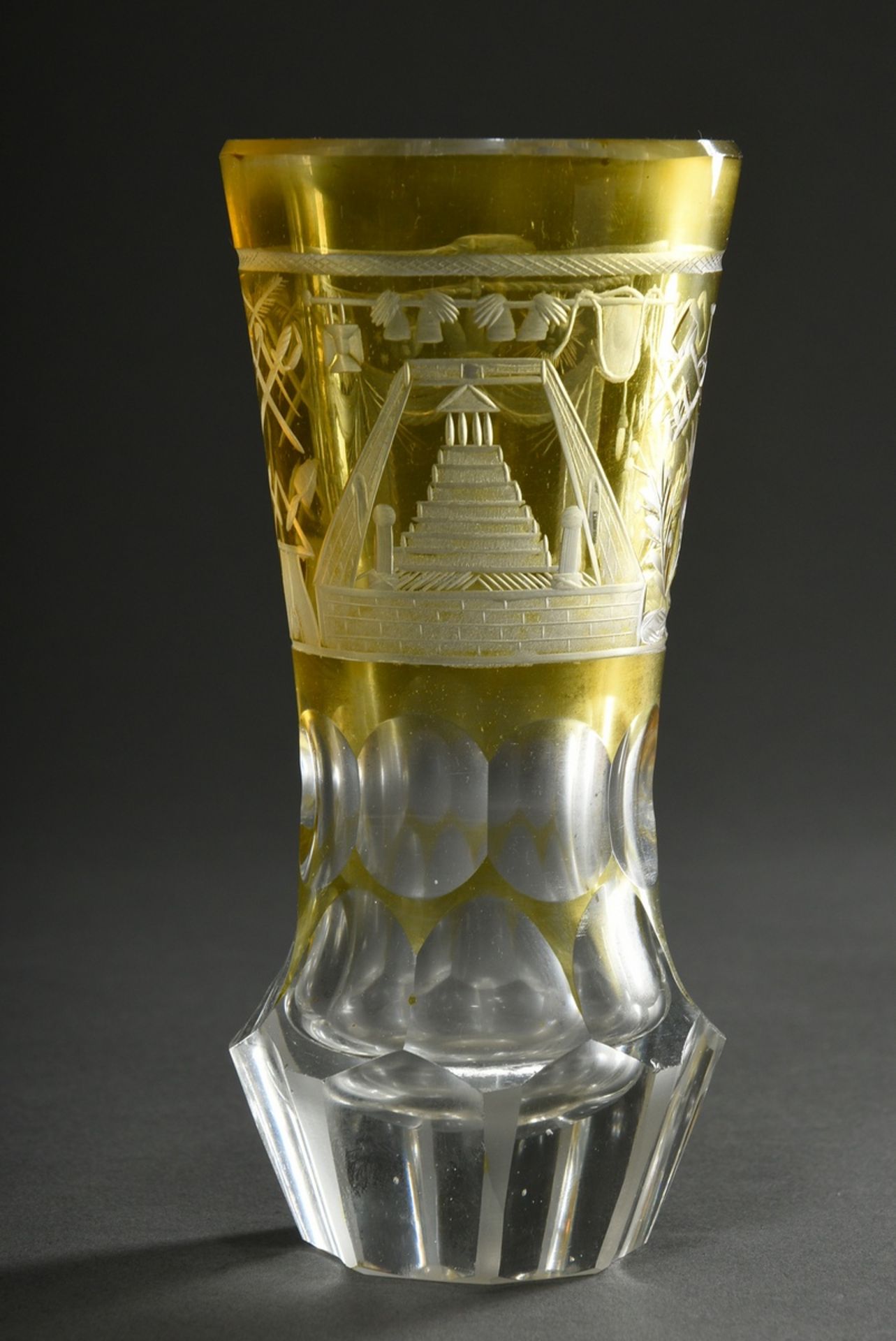 Heavy Masonic glass with yellow etched dome, rich facet cut and conical foot, Bohemia c. 1850/60, h - Image 3 of 5