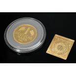 2 Diverse Gelbgold 999/900 Münzen: "1 Deutsche Mark 2001" (12g, Ø 2,4cm) und "1/4 Groschen Norddeut