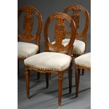 4 Klassizistische Stühle in bäuerlicher Façon mit ovaler Rückenlehne und geschnitztem Rückenbrett "