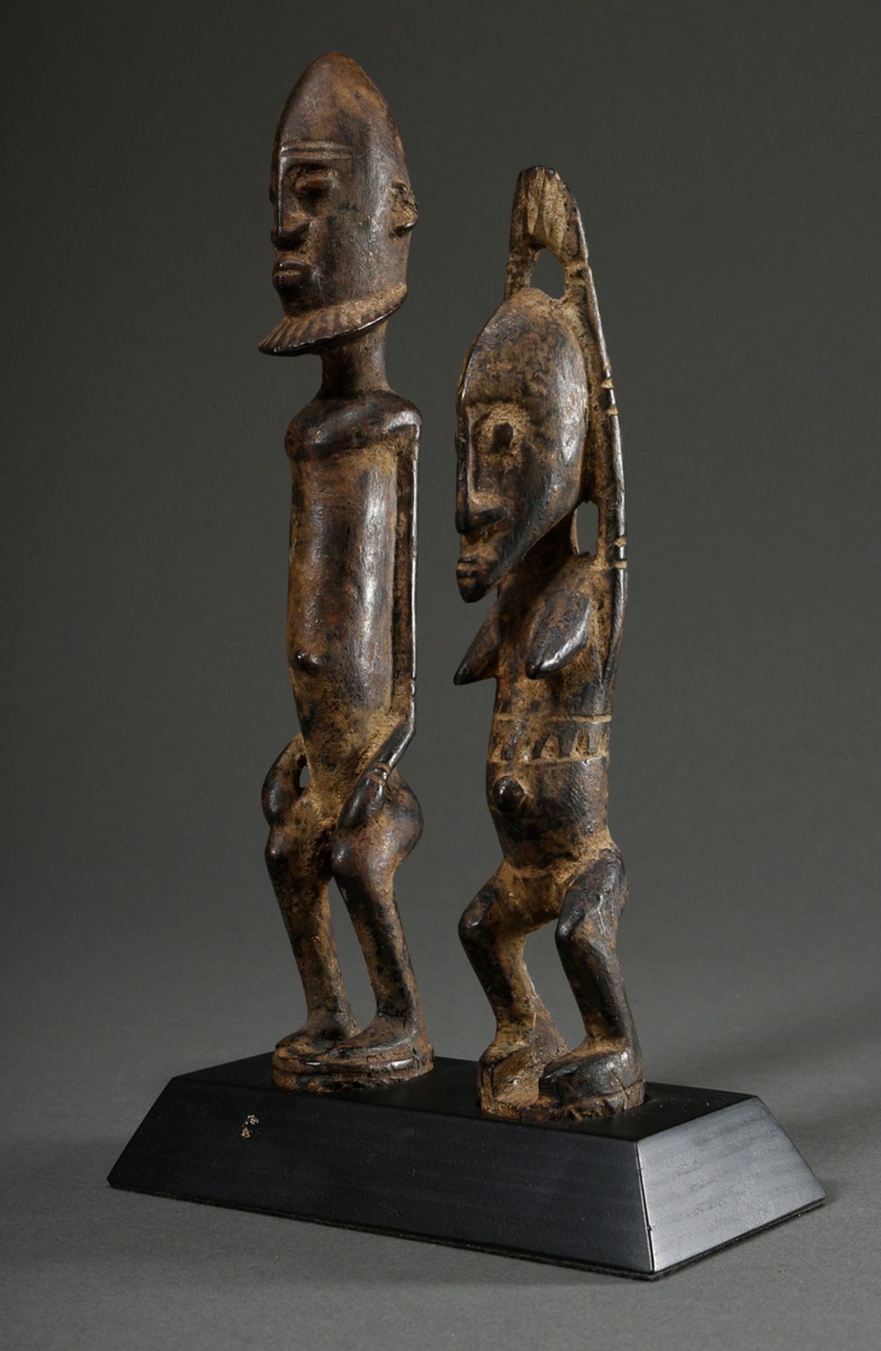 2 Various Dogon figures: "bearded man" and "woman with raised arms", dark wood with used patina, Ma