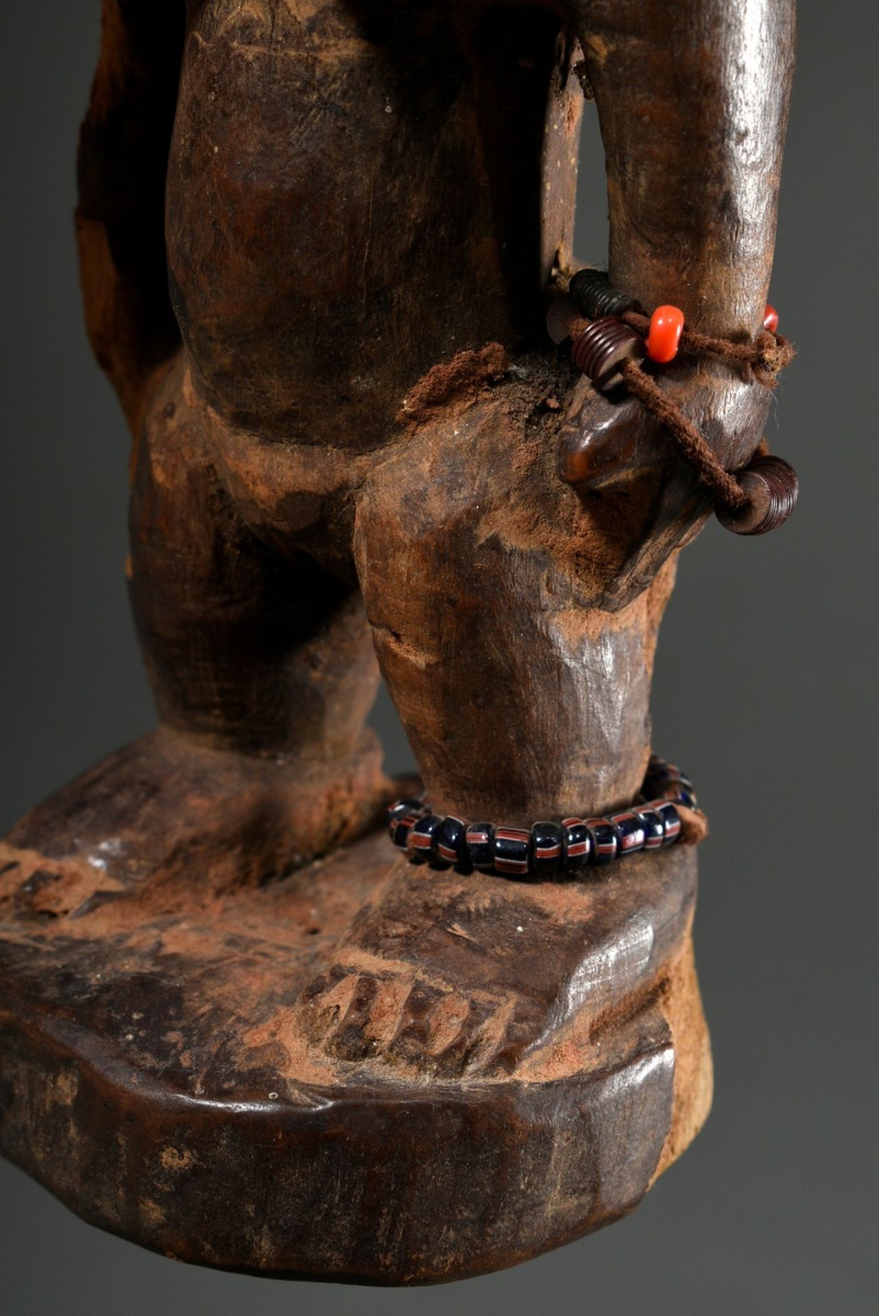 Female Yoruba Ibeji figure with beaded jewellery and blue painting and nailed eyes, Nigeria, h. 26c - Image 6 of 7
