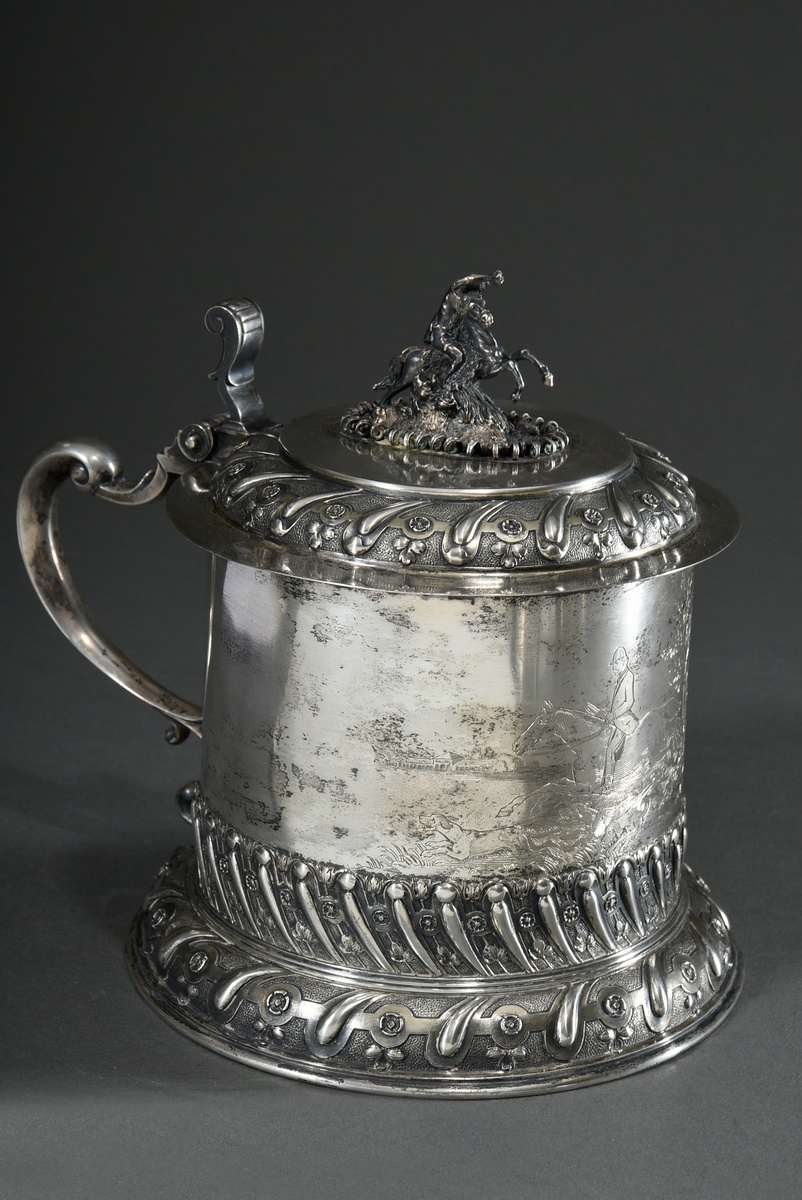 Large Historicist lidded tankard after a Baroque model with ornamentally chased friezes and foot as - Image 4 of 12