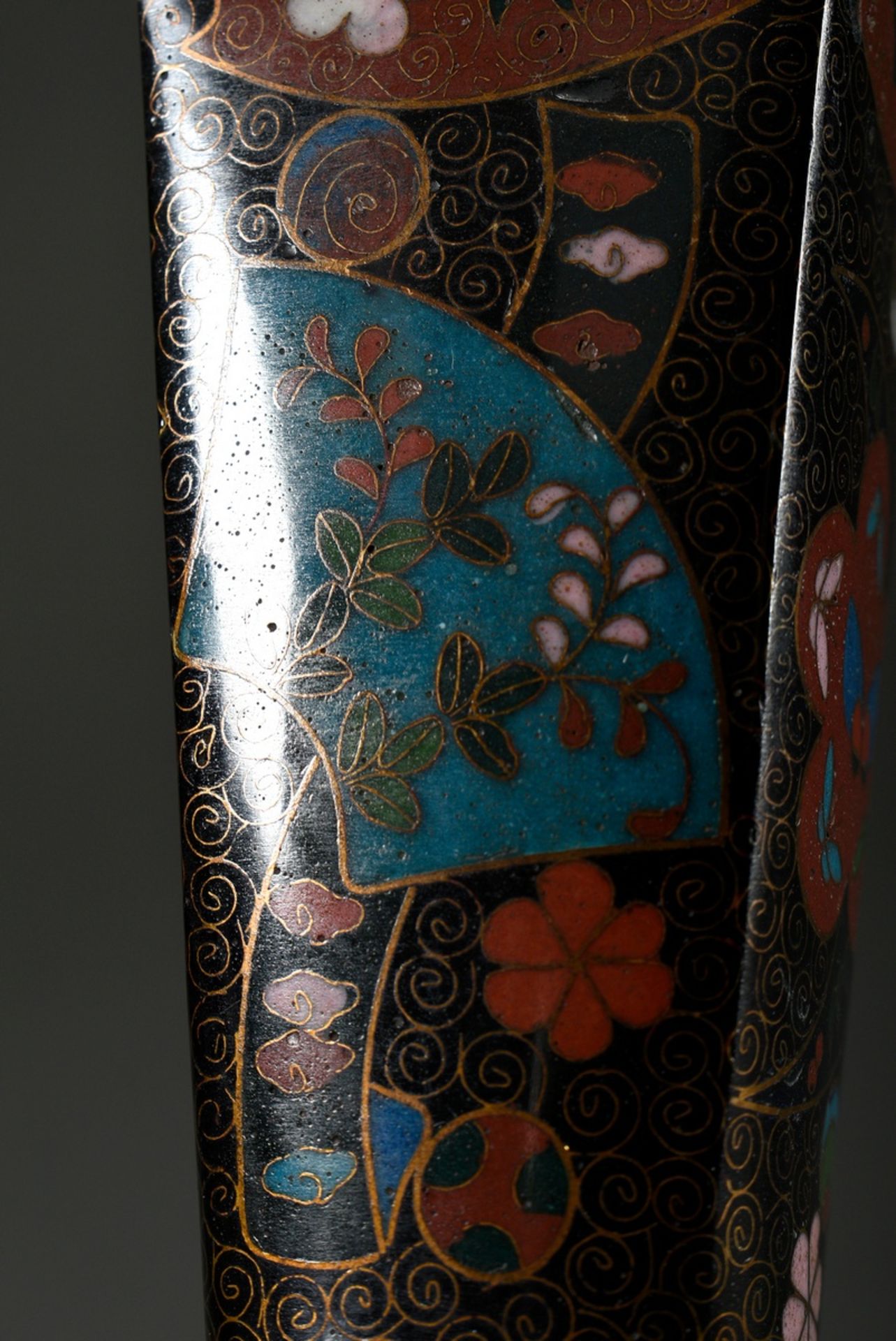 3 Various small cloisonné vases: pair with lancet-shaped cartouches "Birds and Dragons" and tall va - Image 6 of 8