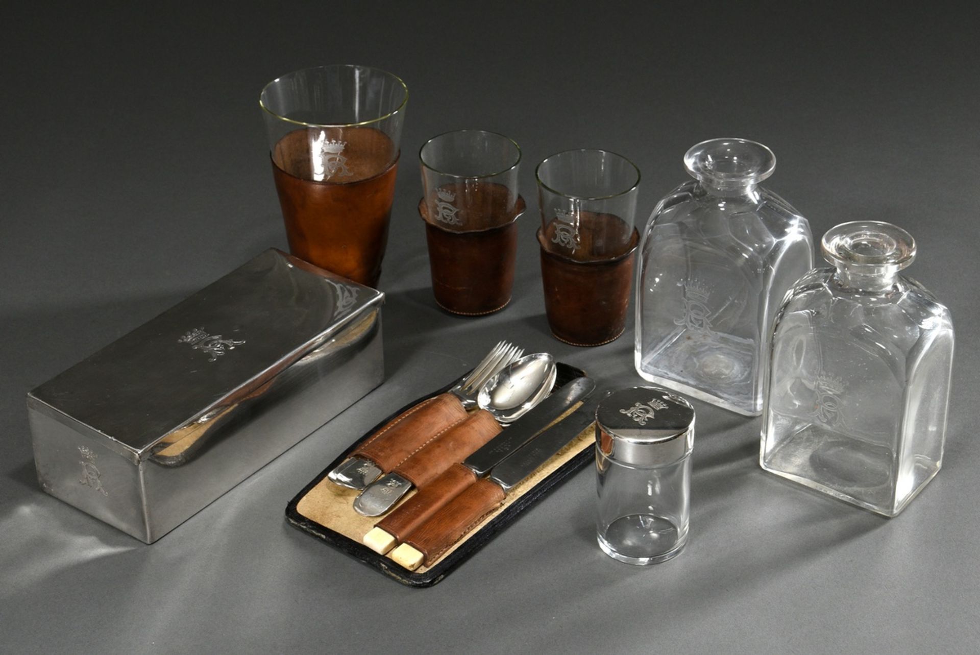 13 Various pieces picnic set with monogram "R under crown", around 1900: 3 glasses with leather cov