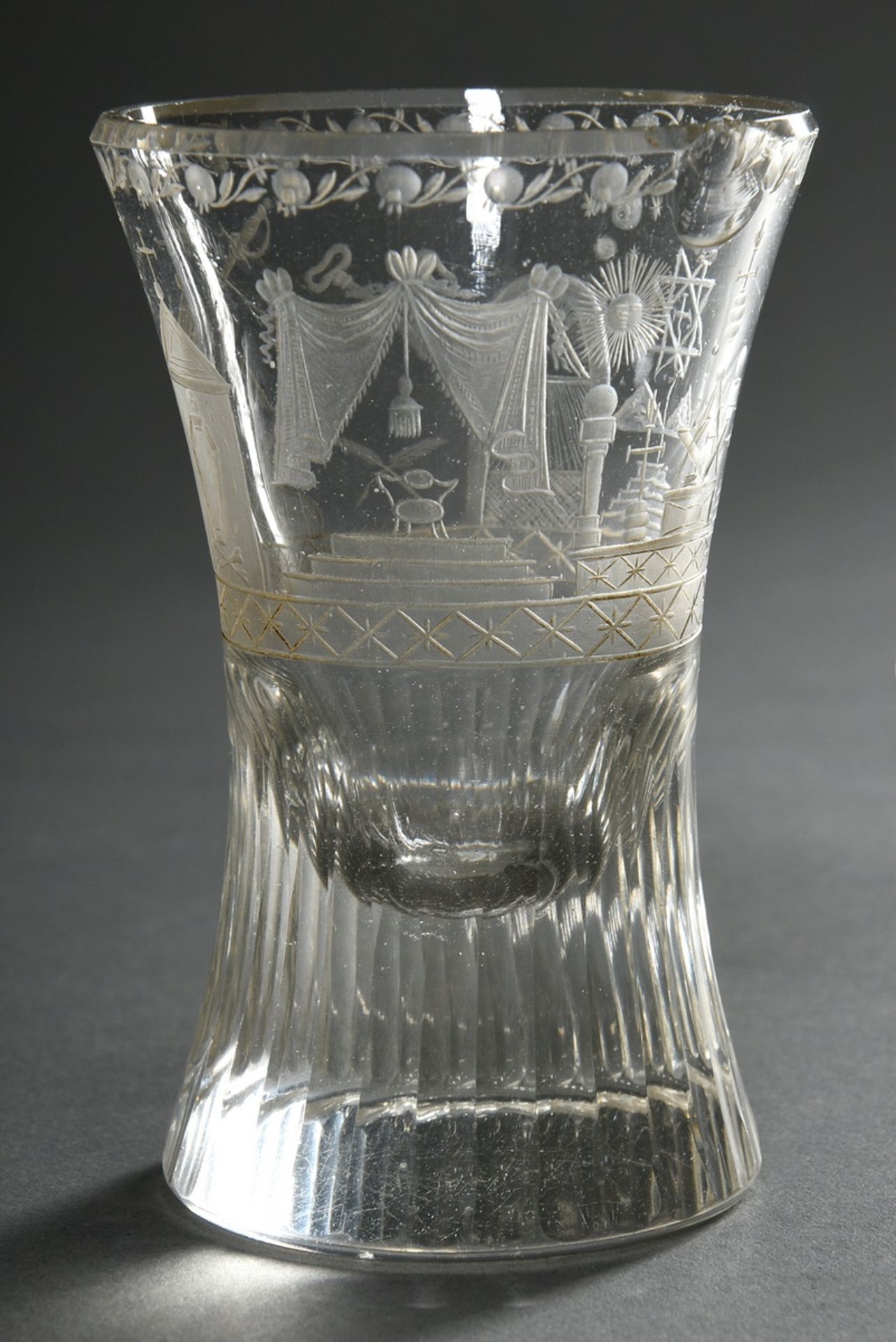 Masonic glass with cut leaf borders, richly cut symbolism and long notched facets at the foot, Bohe