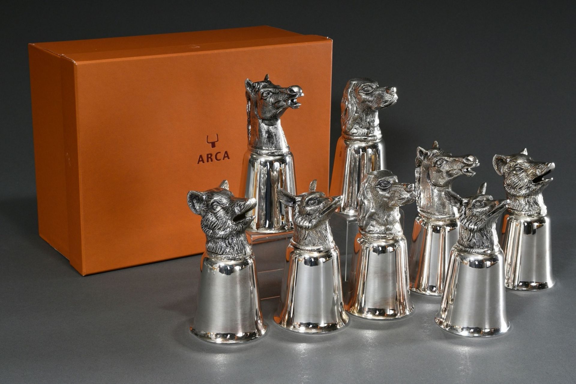 8 Hunting tumblers with plastic animal heads "horse, hunting dog, fox, wild boar", 20th century, br