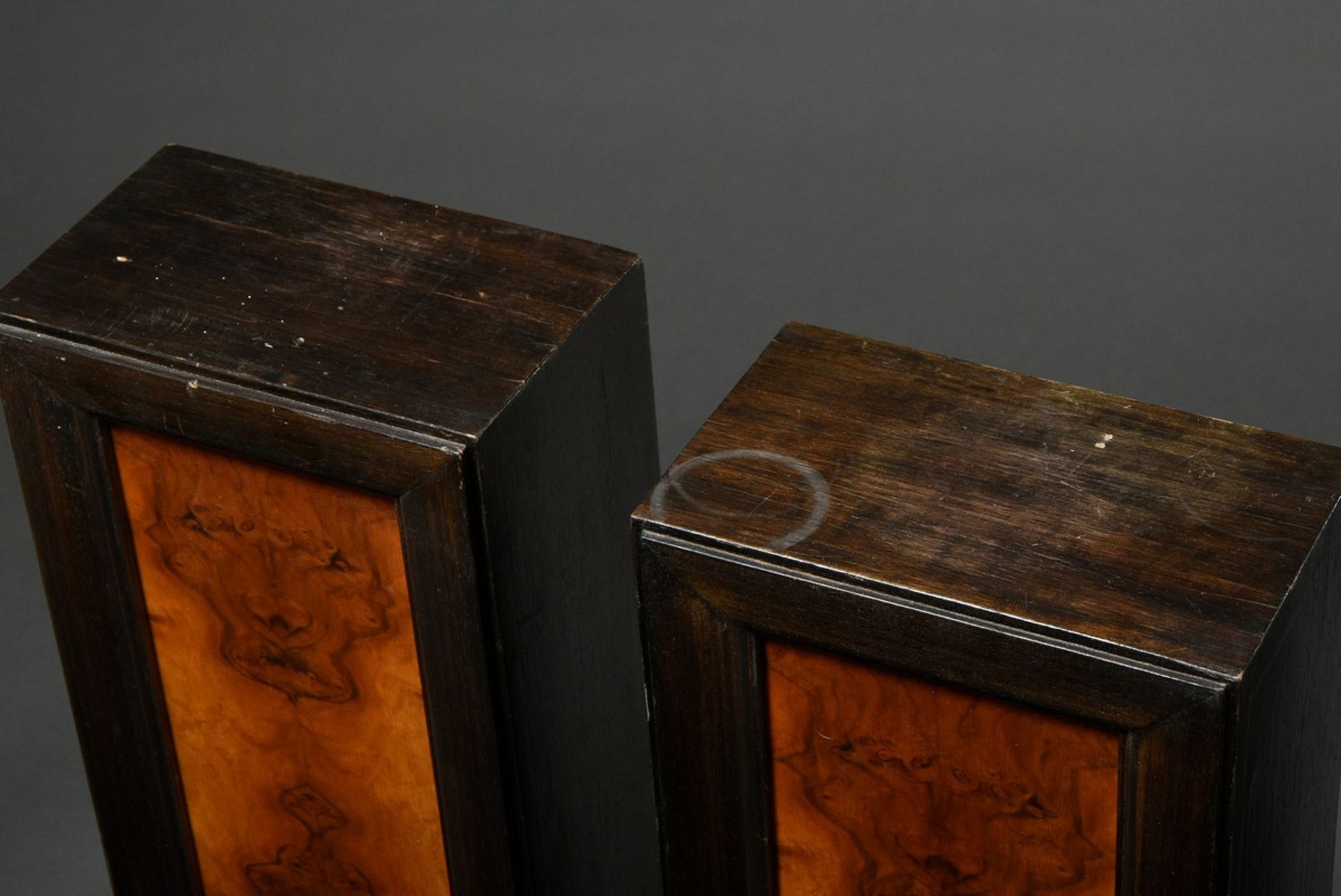 4 Small Art Deco sculptures postaments, dark stained wood with walnut inlays, 75x23x15cm, Provenanc - Image 4 of 4