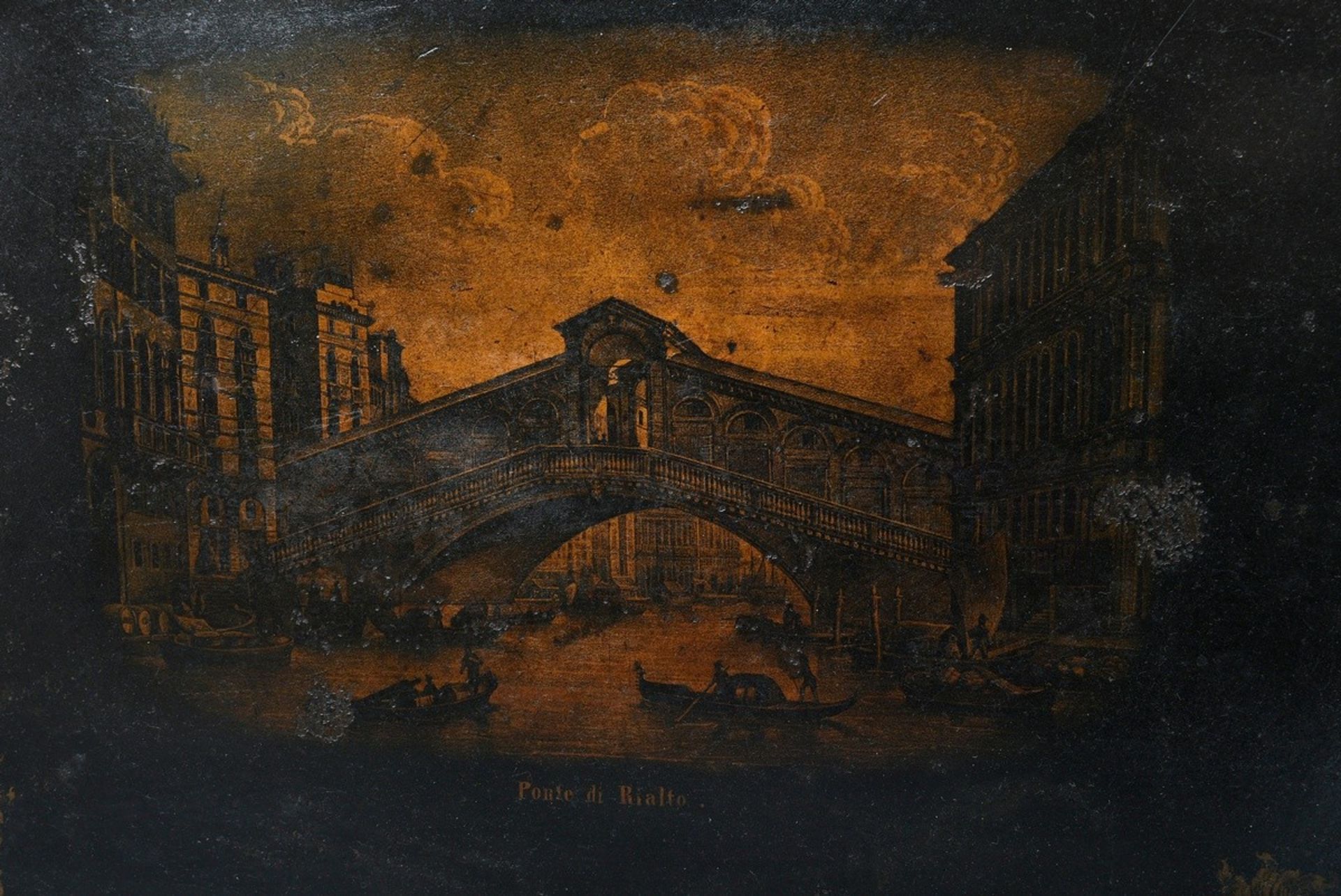 Rectangular Biedermeier tin tray with gold print on black background "Ponte di Rialto" in ornamenta - Image 5 of 6