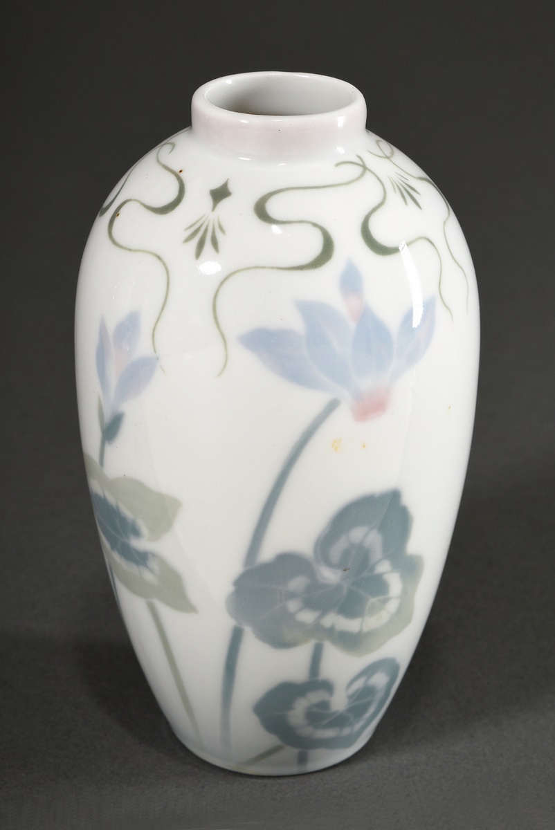 Rosenthal Art Nouveau vase of oval form with short neck, the front painted in pastose underglaze co