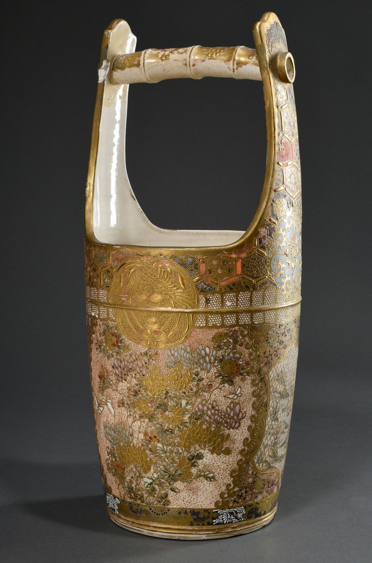 Large Satsuma vase in the shape of a water bucket with polychrome painting "Flowers and Landscapes  - Image 2 of 10