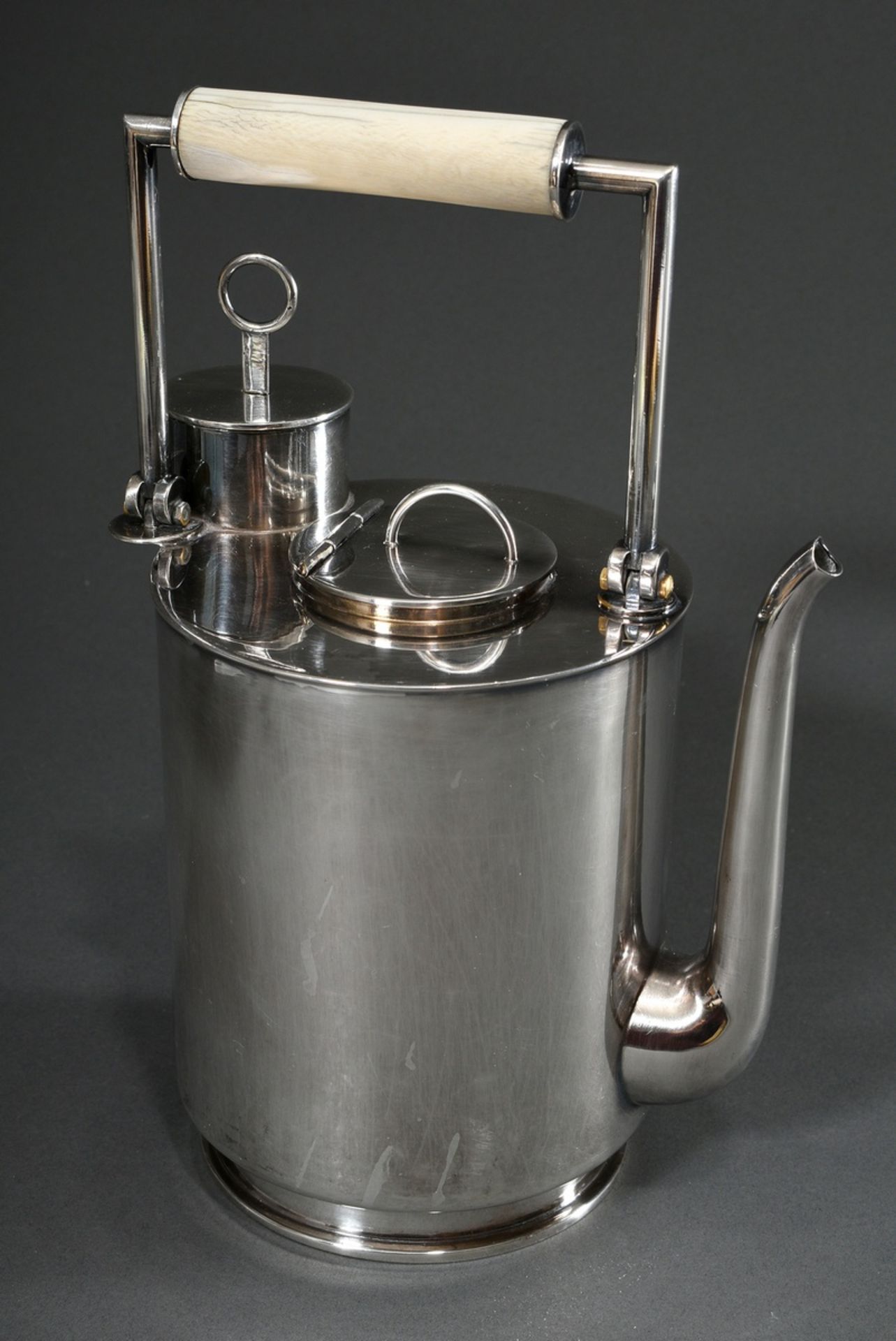 Cylindrical Bauhaus pot with low spout and integrated tea-egg in attached cylinder, hinged lid and - Image 2 of 7