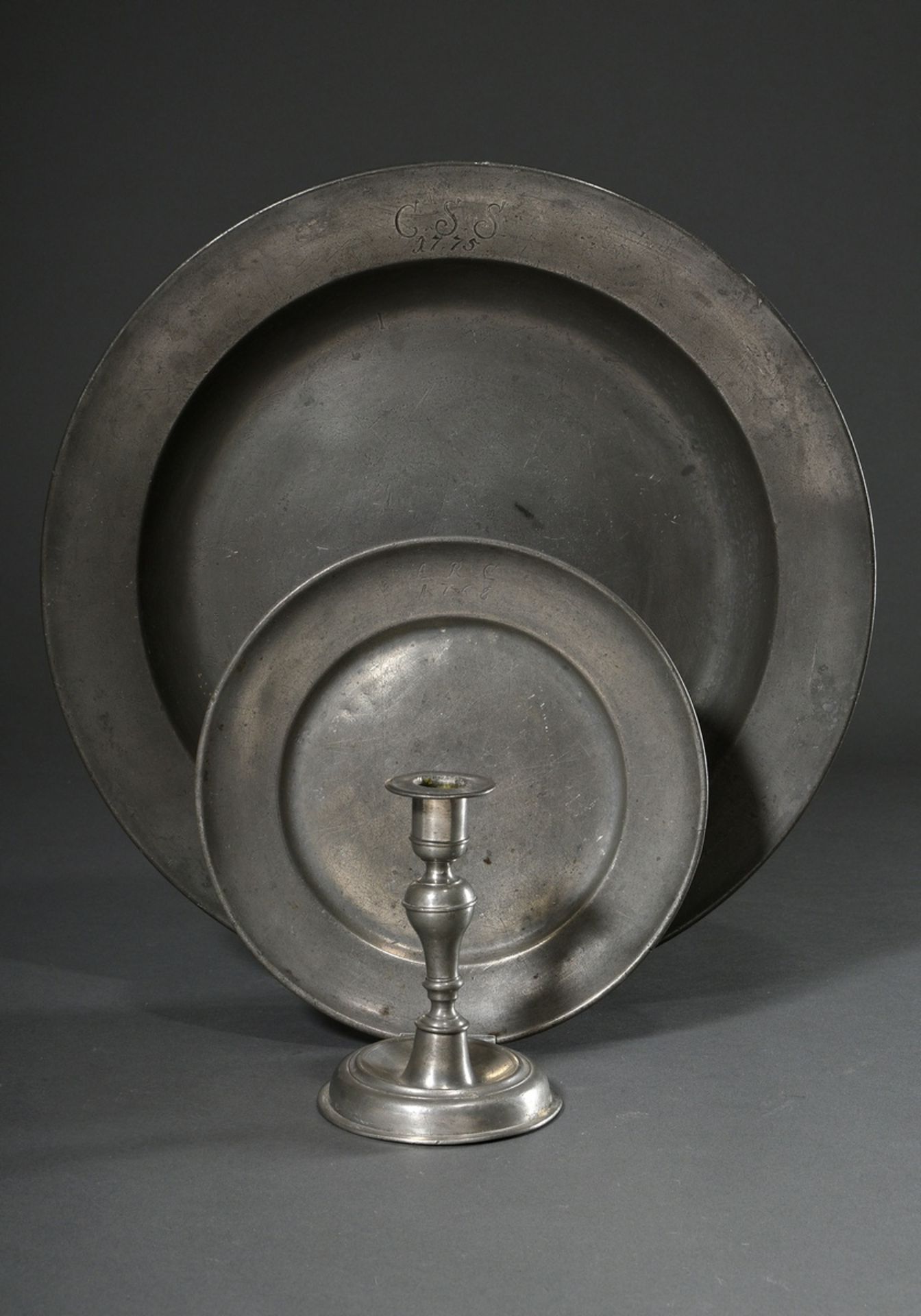 3 Various pieces of pewter, 18th century: large plate with engraved owner's monogram "C.S.S. 1775", - Image 2 of 11