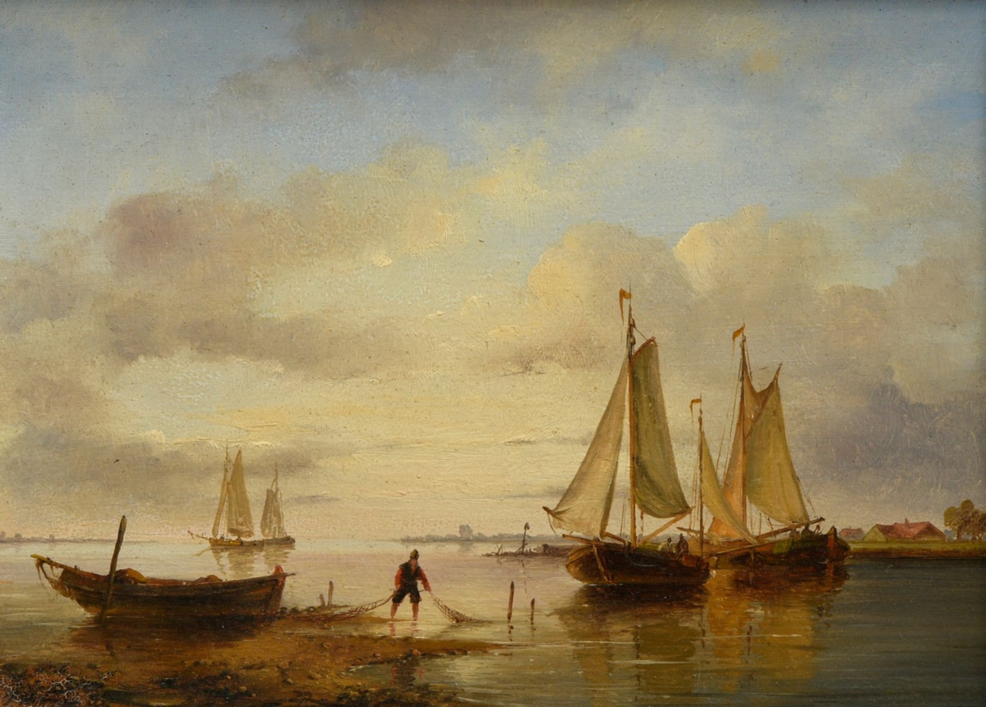 Hofman, Pieter (1755-1837) "River mouth with fishermen and sailors", oil/wood, 24x30cm (w.f. 38x44c