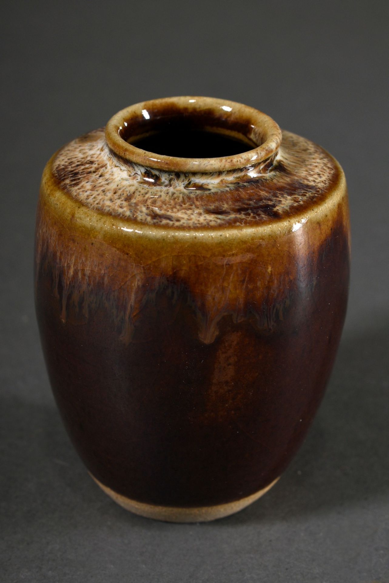 Japanese tea box "Chaire" in Katatsuki form with silk brocade bag, glazed stoneware, cut Hon-itokir - Image 2 of 5