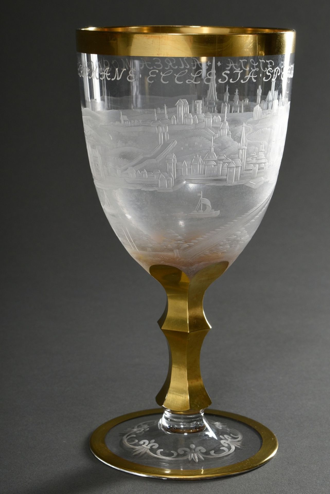 Large goblet glass with partial gilding and cut panoramic view of Mainz, circumferentially inscribe - Image 2 of 8