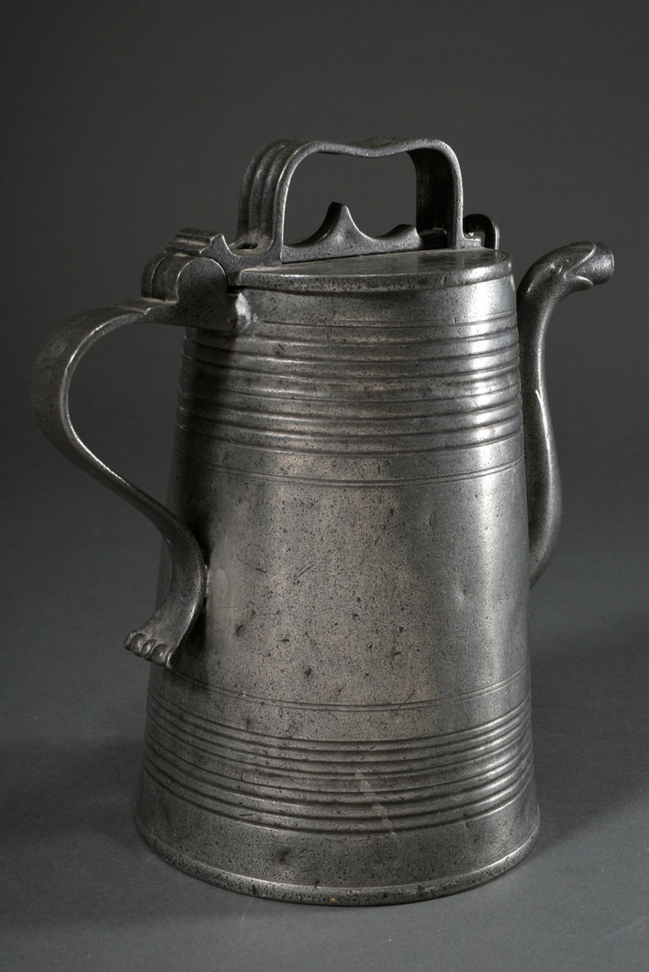 Conical pewter harvesting jug with grooved decoration, zoomorphic spout and sliding closure on the - Image 2 of 6