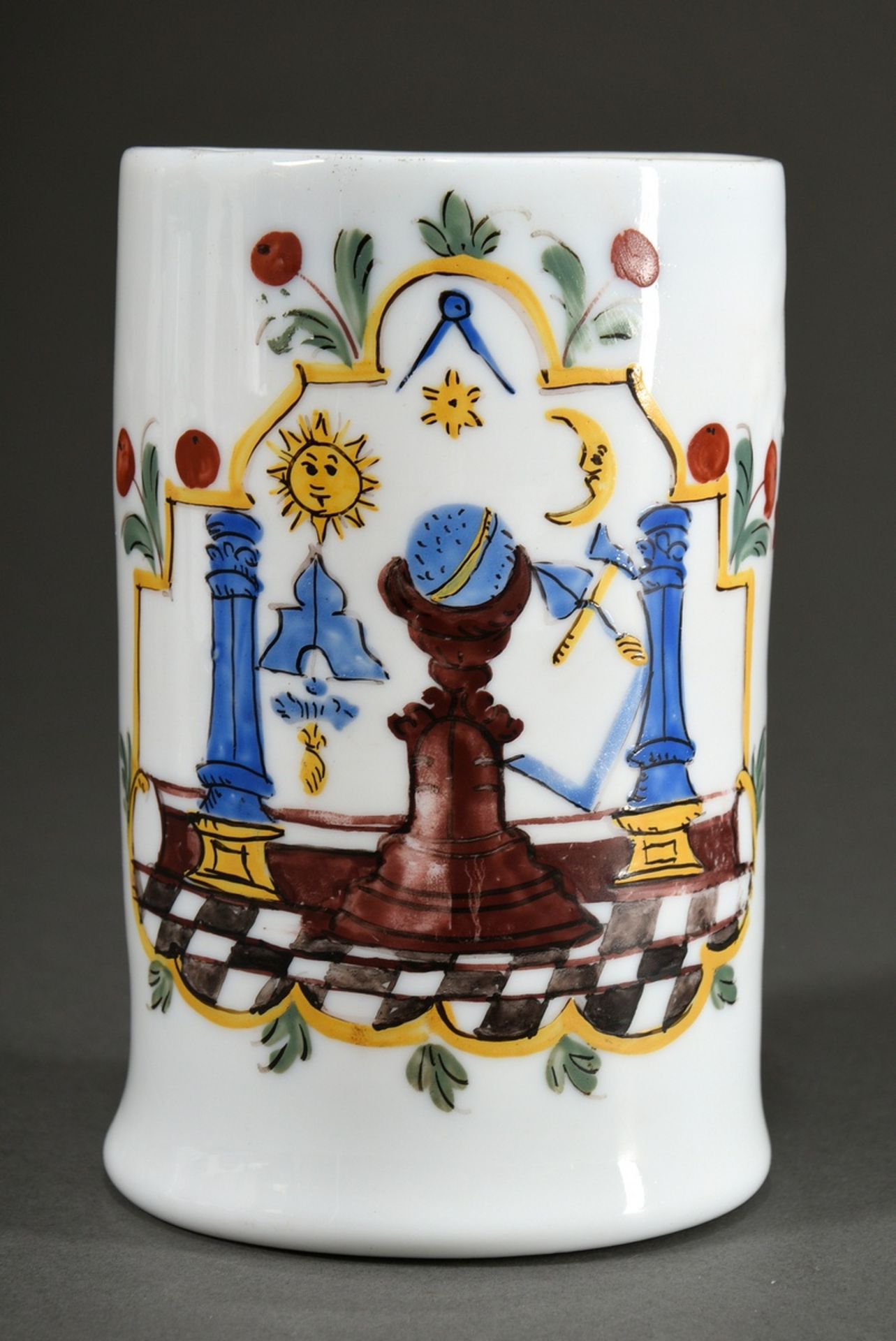 Masonic milk glass roller jug with coloured enamel painting in florally decorated cartouche, band h