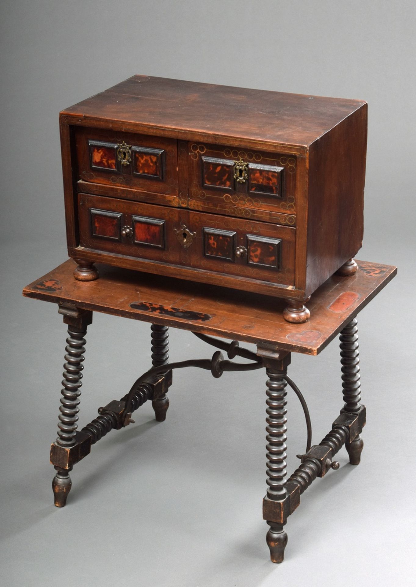 Spanish cabinet with tortoiseshell and brass inlays, walnut veneered on oak, on a table frame with 