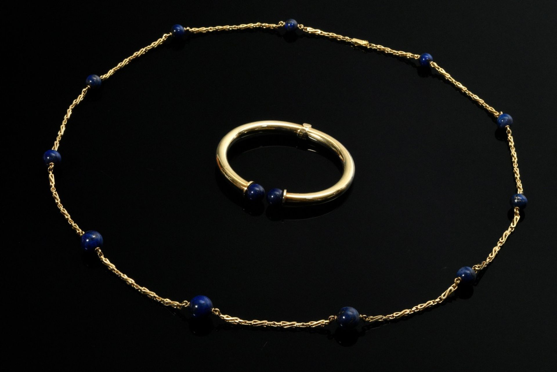 2 Diverse Teile Schmuck mit Lapislazuli Perlen: ovale Gelbgold 585 Armspange mit Scharnier (27g, Ø  - Bild 3 aus 4