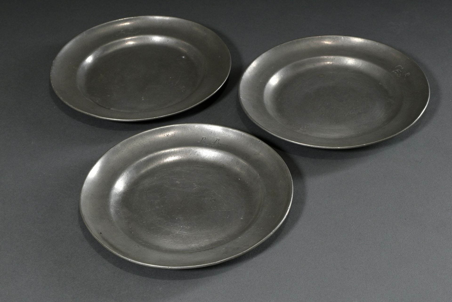 3 Various small pewter plates with engraved date "1747" and different monograms "C.F.R"/"A.R.B" and - Image 3 of 11