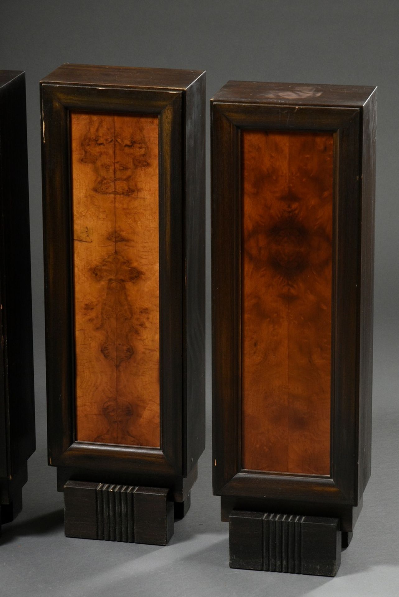 4 Small Art Deco sculptures postaments, dark stained wood with walnut inlays, 75x23x15cm, Provenanc - Image 2 of 4