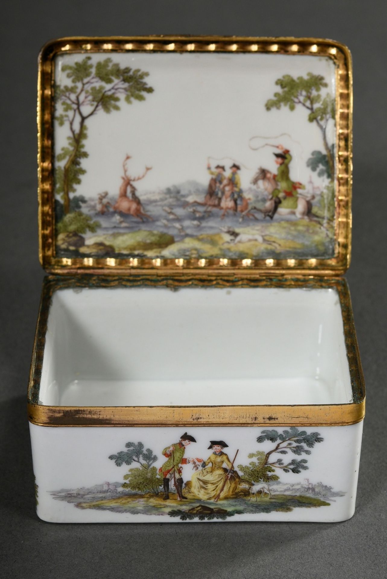 Rectangular Meissen tabatiere with flawless polychrome painting "Hunting Scenes" on the body as wel - Image 7 of 9