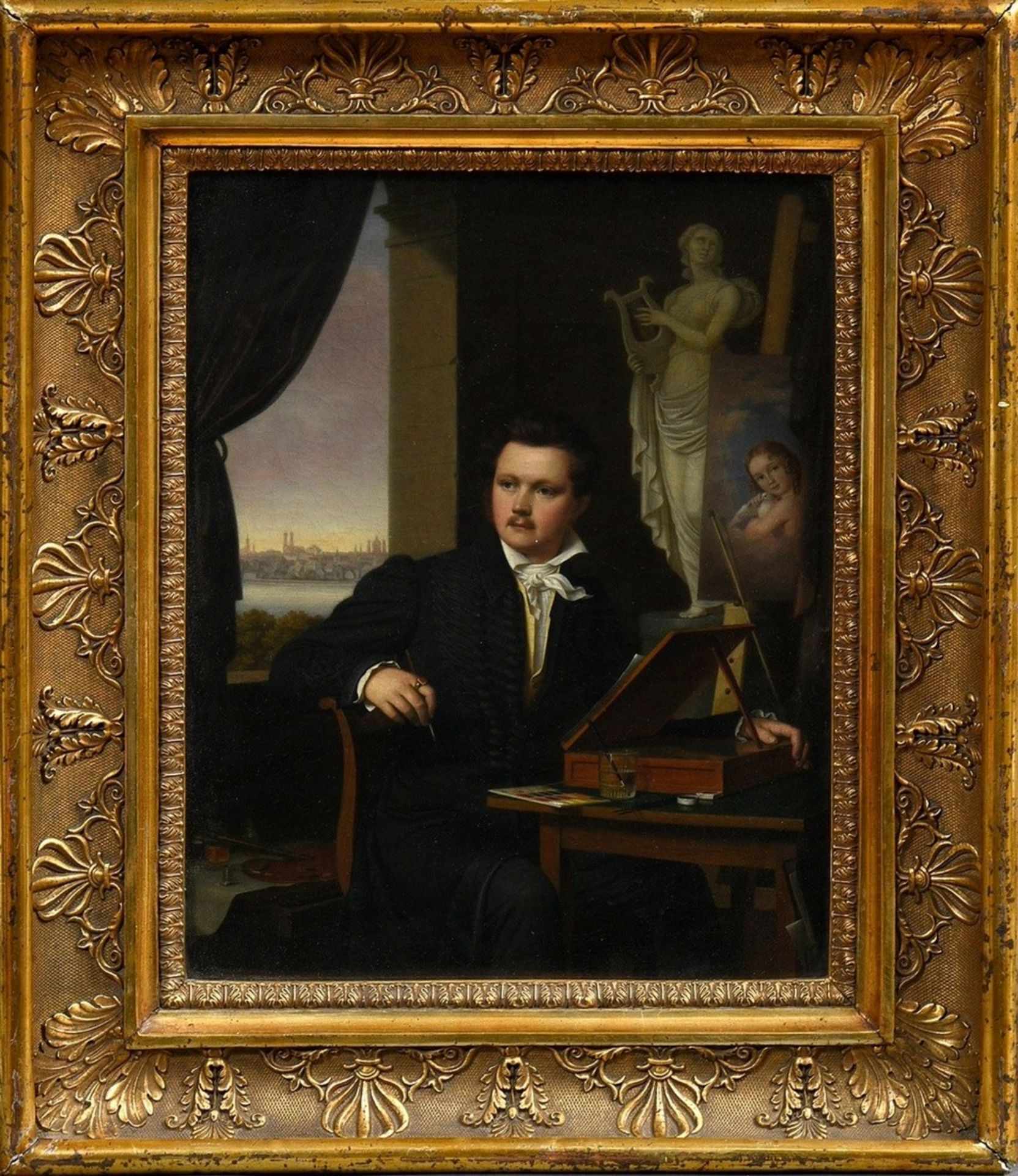 Rausch, Bernhard Peter von (1793-1865) "Self-portrait in the studio in front of a panorama of Munic - Image 2 of 9