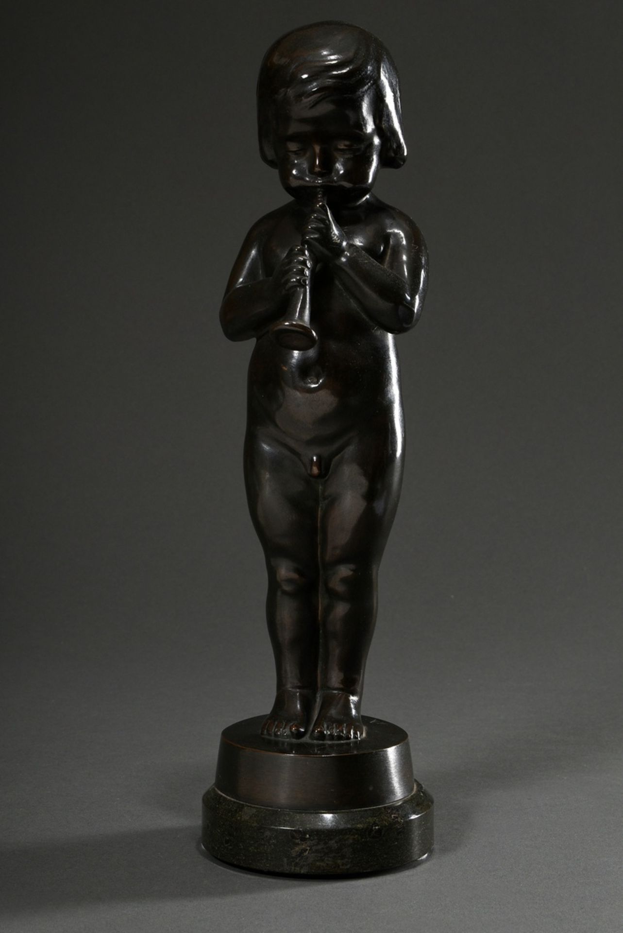 Bronze sculpture "Flute playing Putto" on marble base, c. 1910/20, dark patina, inscribed "Lauchham - Image 2 of 8