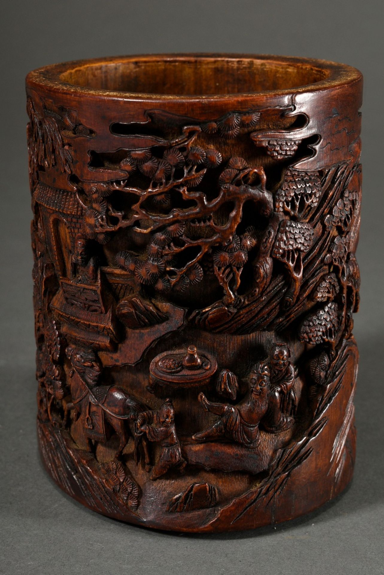 Chinese bamboo brush cup with detailed carved novel scene in low relief "Persons and Qilin in mount