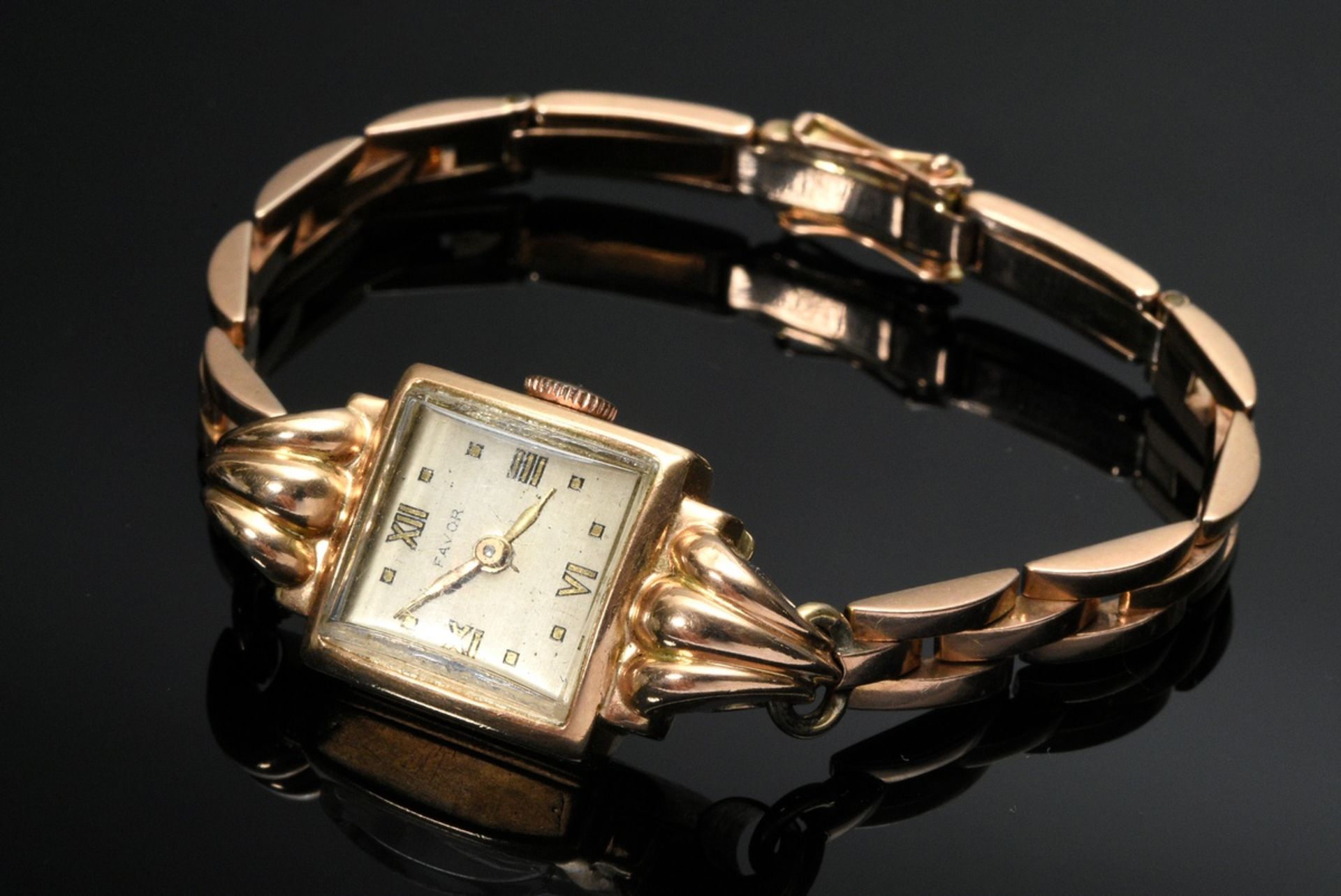 Favor Rotgold 585 Damenarmbanduhr, Handaufzug, um 1930, 18,8g, L. 16,5cm, gangbar (keine Garantie a