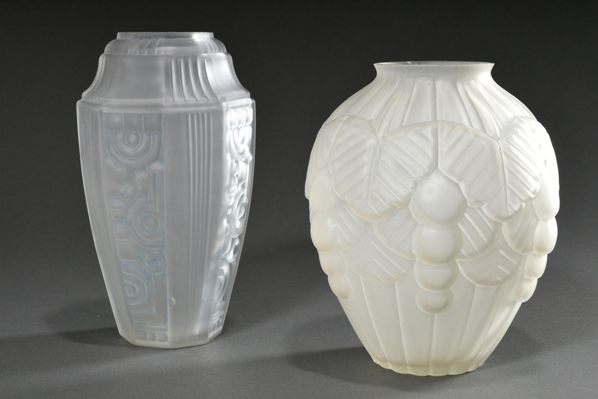 2 Various Art Deco glass vases blown into the mould with geometric and floral abstract patterns, ma