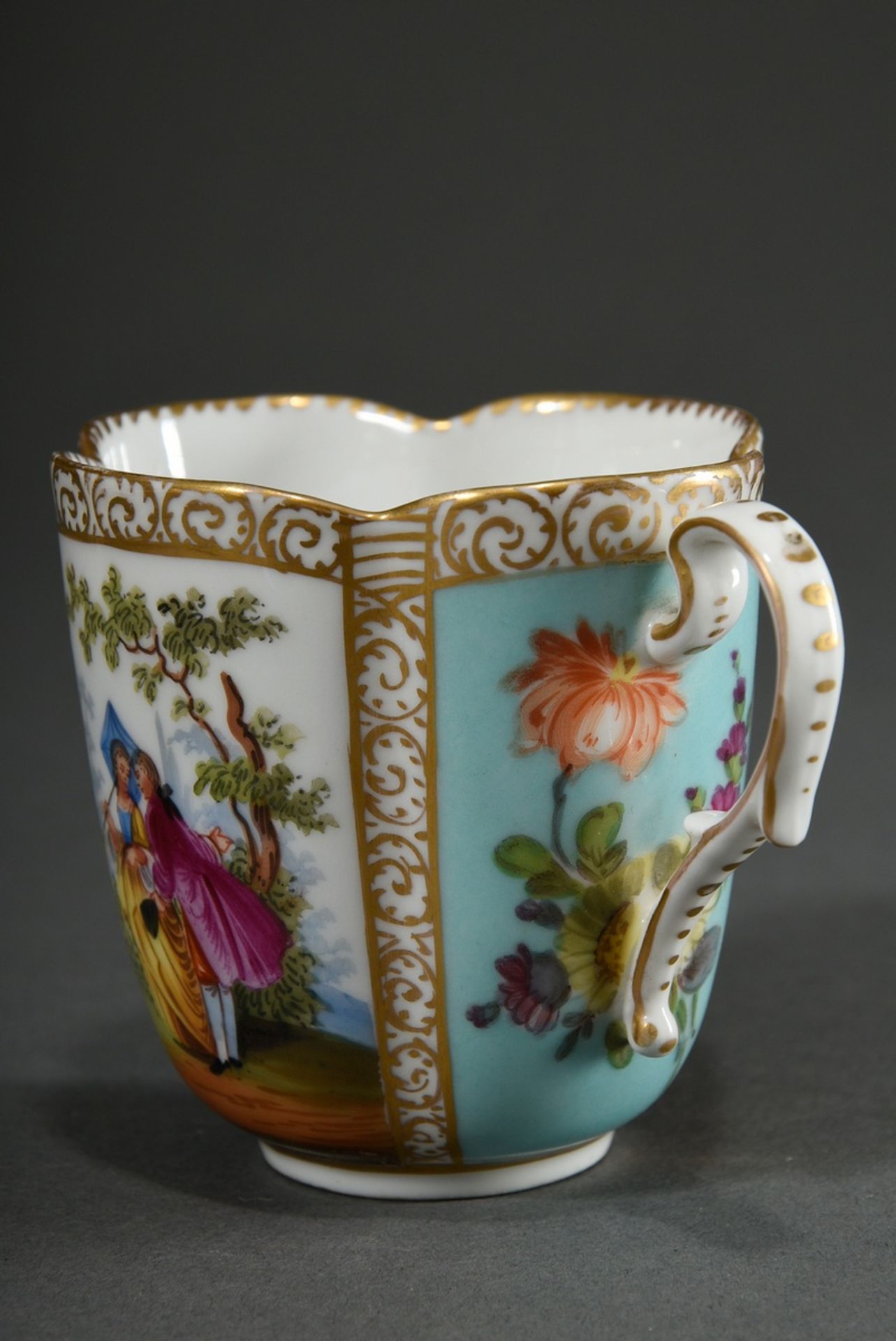 A four-piece porcelain cup/saucer with polychrome painting "Lovers" and "Blossoms" on a turquoise b - Image 7 of 8