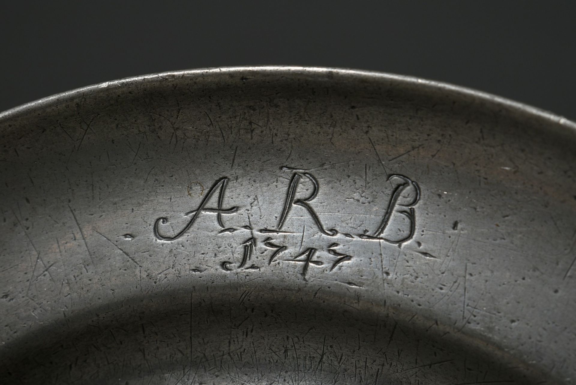 3 Various small pewter plates with engraved date "1747" and different monograms "C.F.R"/"A.R.B" and - Image 6 of 11