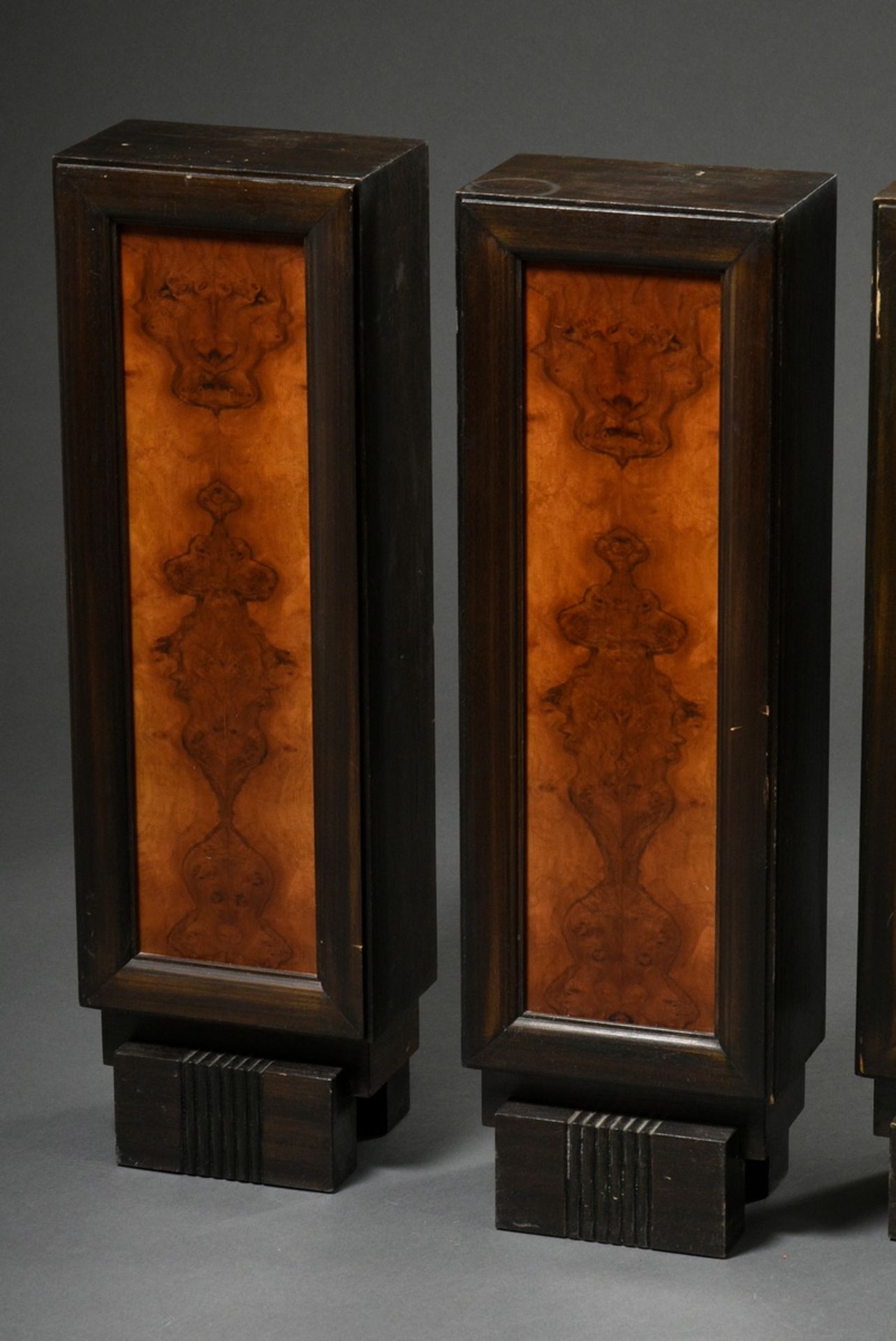 4 Small Art Deco sculptures postaments, dark stained wood with walnut inlays, 75x23x15cm, Provenanc - Image 3 of 4